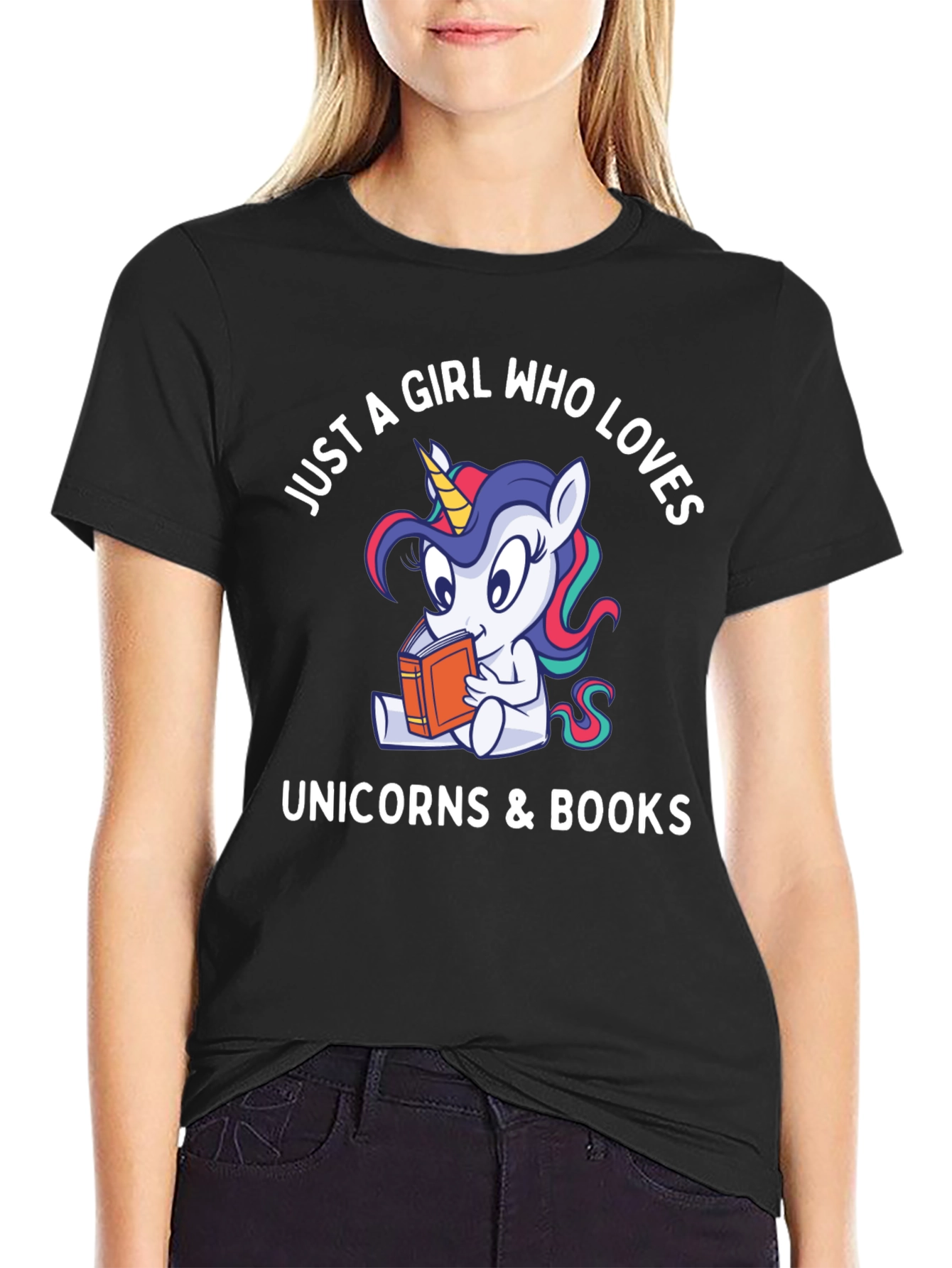 Black Just A Girl Who Loves Unicorns & Books Graphic Tee view 2