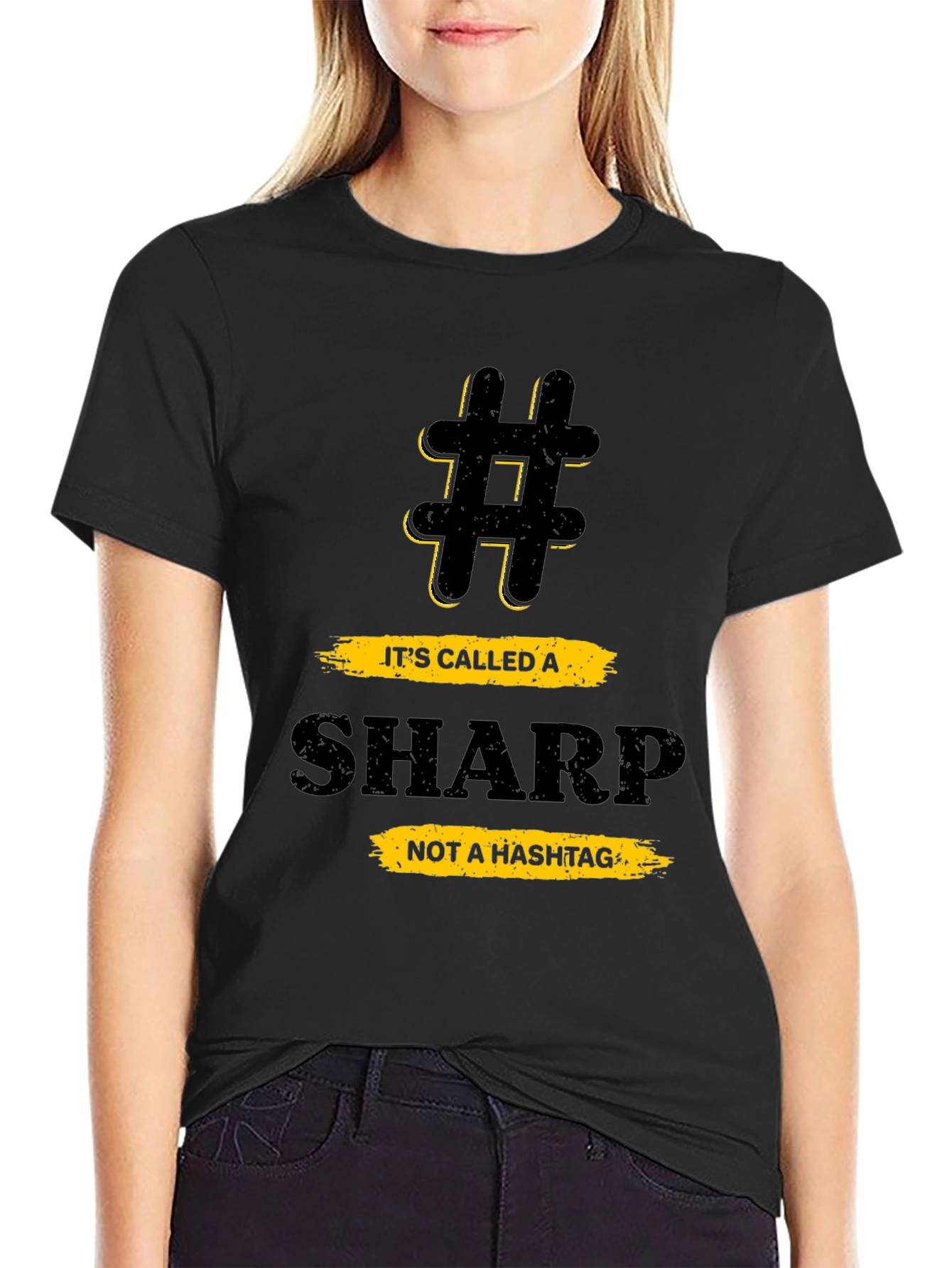 Black Funny Music Theory T-Shirt - Sharp Not a Hashtag view 2