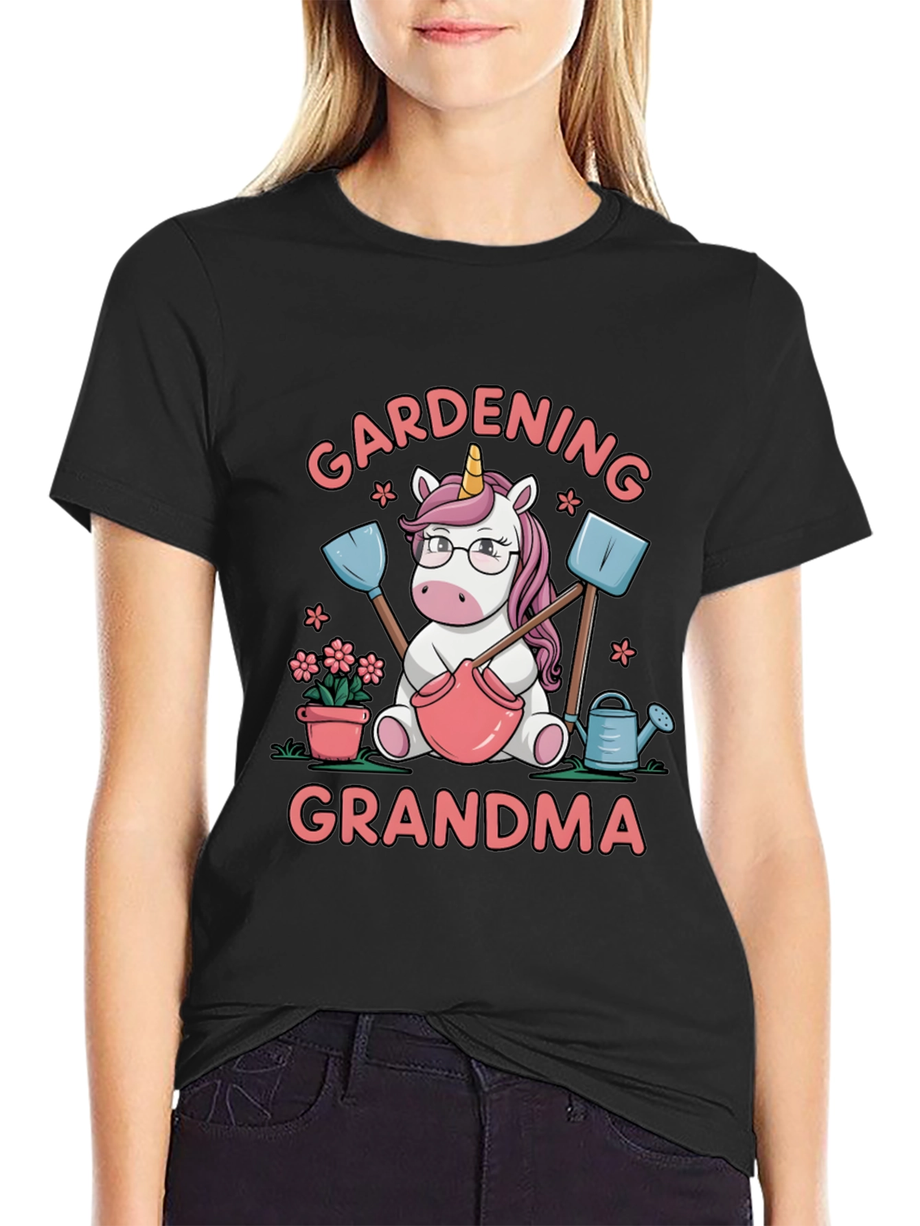 Black Gardening Grandma Unicorn T-Shirt view 2