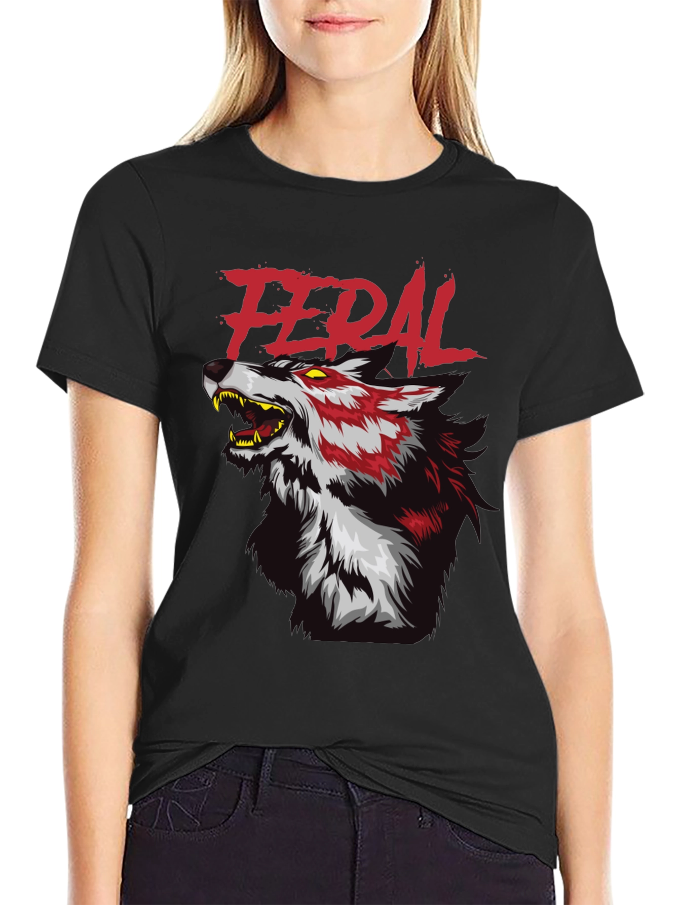 Black Feral Wolf Graphic Tee - Black Cotton T-Shirt view 2
