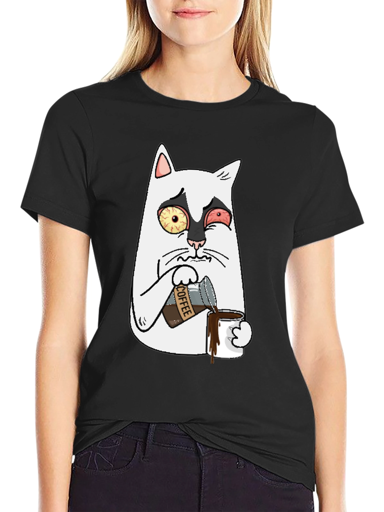 Black Funny Cat Coffee T-Shirt view 2