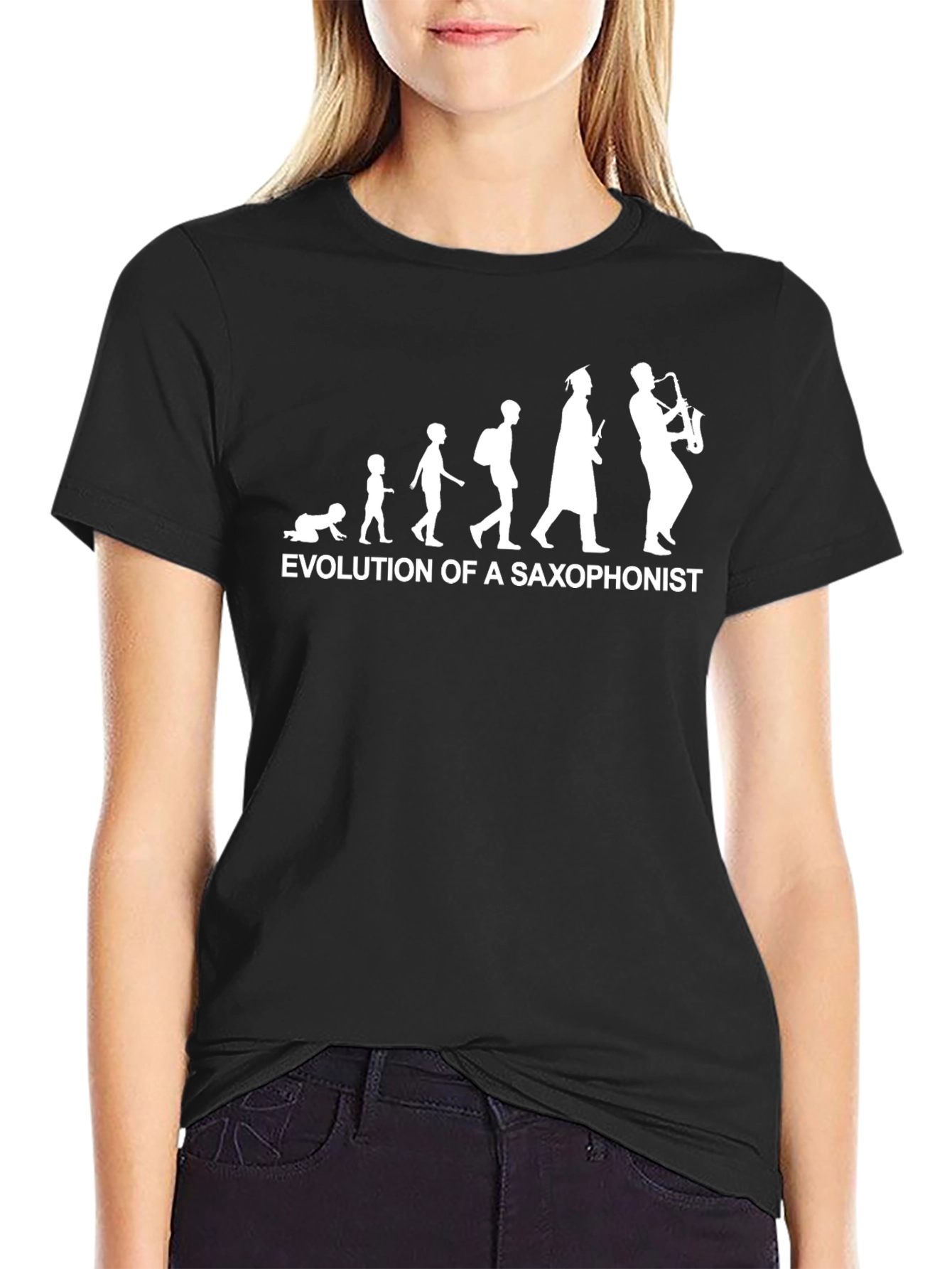 Black Evolution of Saxophonist Black Cotton T-Shirt view 2