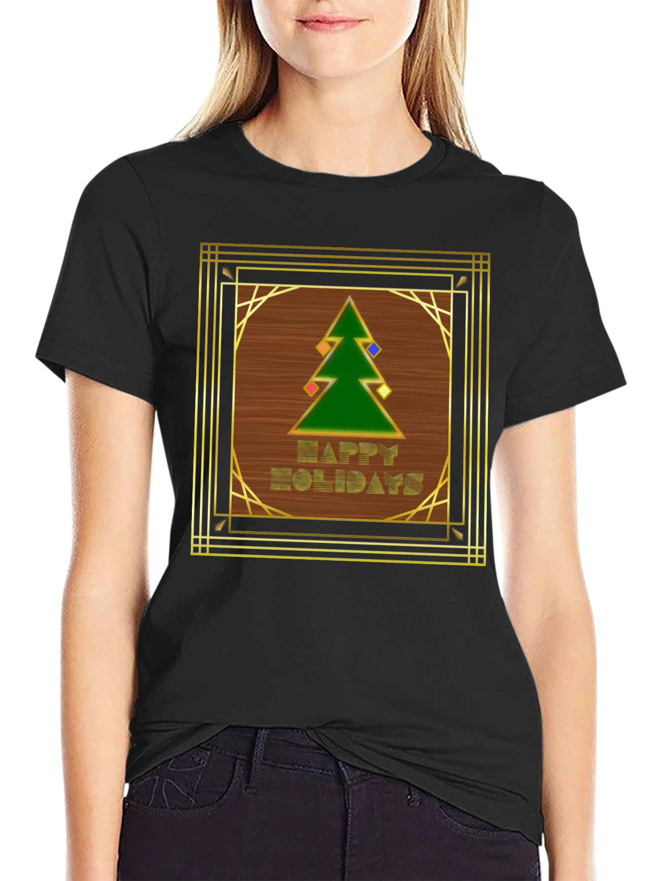 Black Art Deco Holiday T-Shirt - Happy Holidays Tree Design view 2