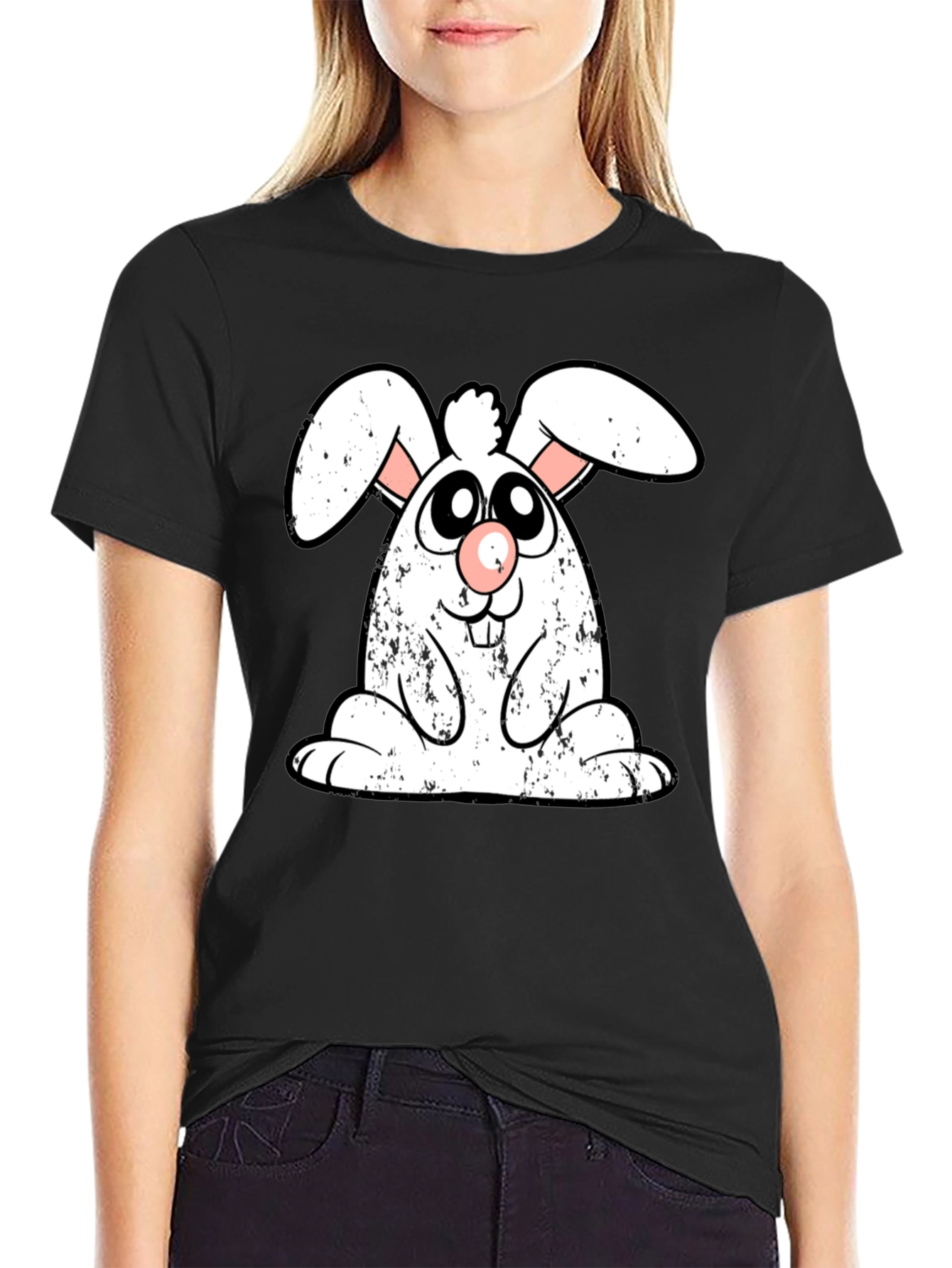 Black Cute Cartoon Bunny Graphic Print Black T-Shirt view 2