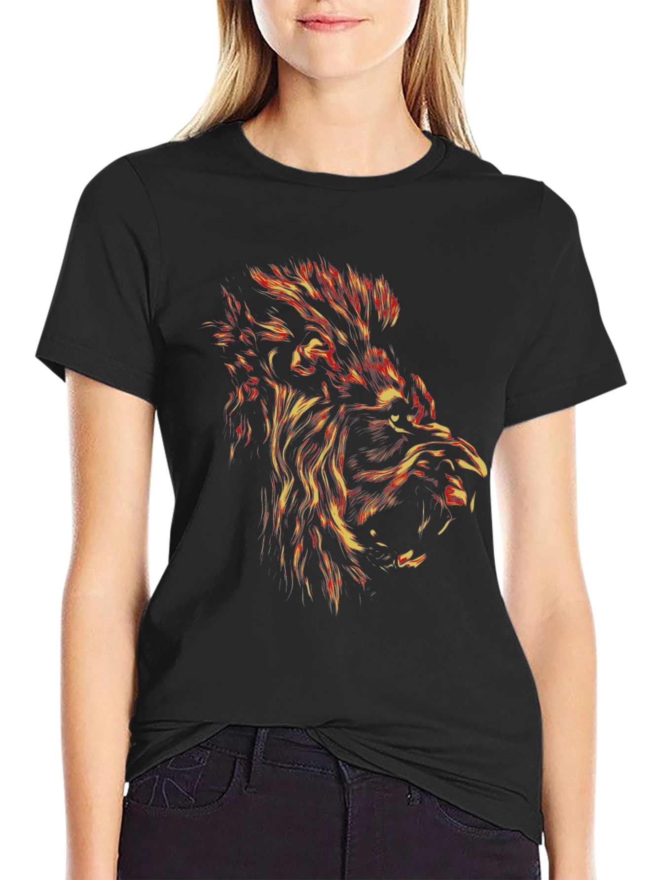 Black Fiery Lion Graphic Tee - Bold Black T-Shirt view 2