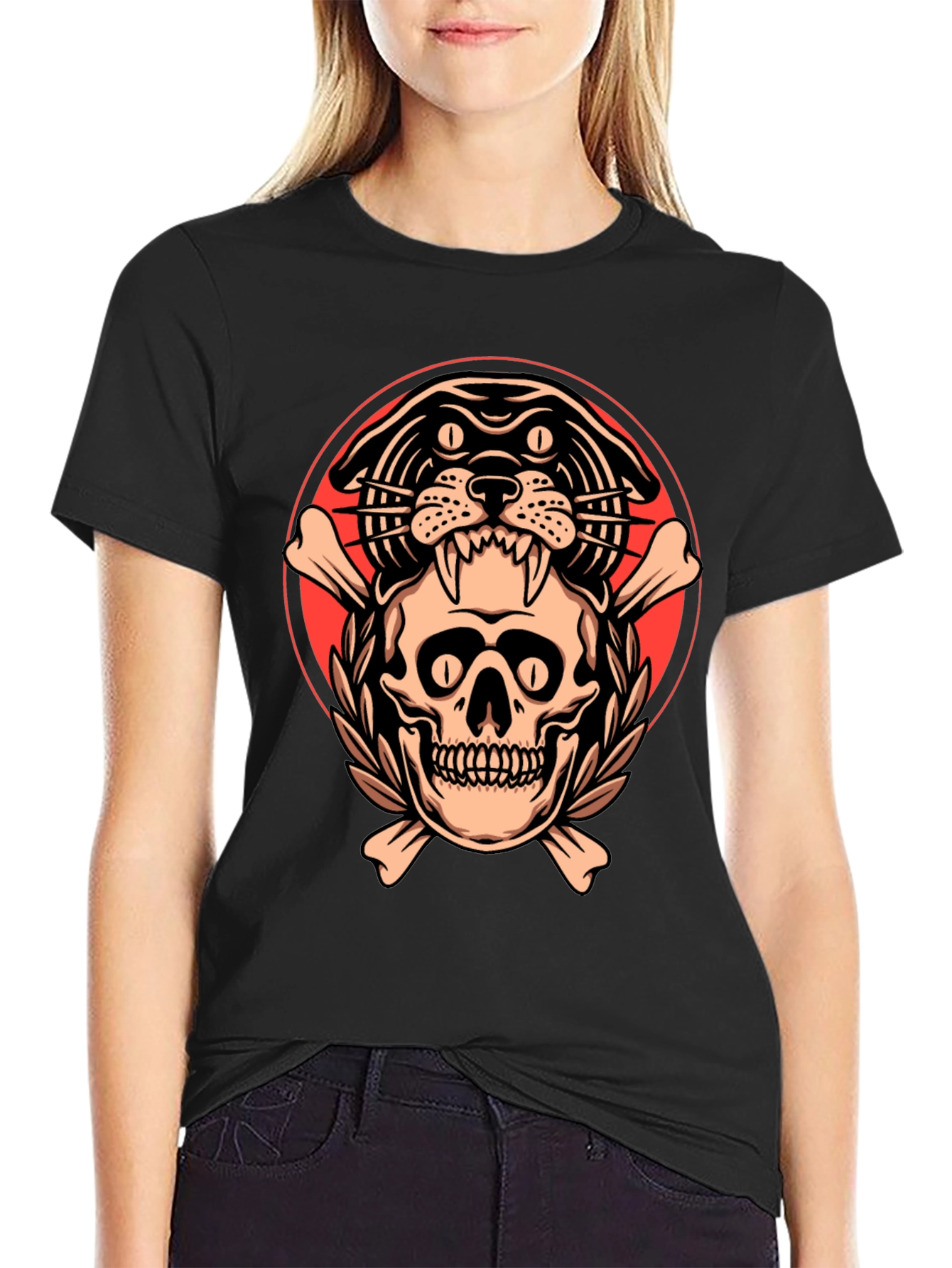 Black Skull & Panther Graphic Tee - Men's Black T-Shirt view 2