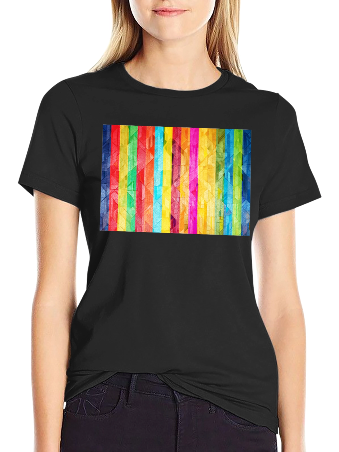 Black Geometric Rainbow Stripe Graphic Tee view 2