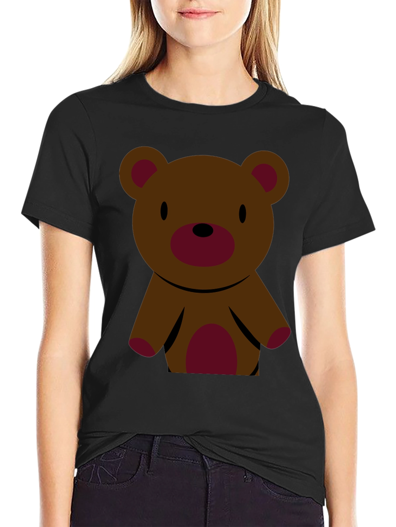 Black Cute Teddy Bear Graphic Tee - Black Cotton T-Shirt view 2