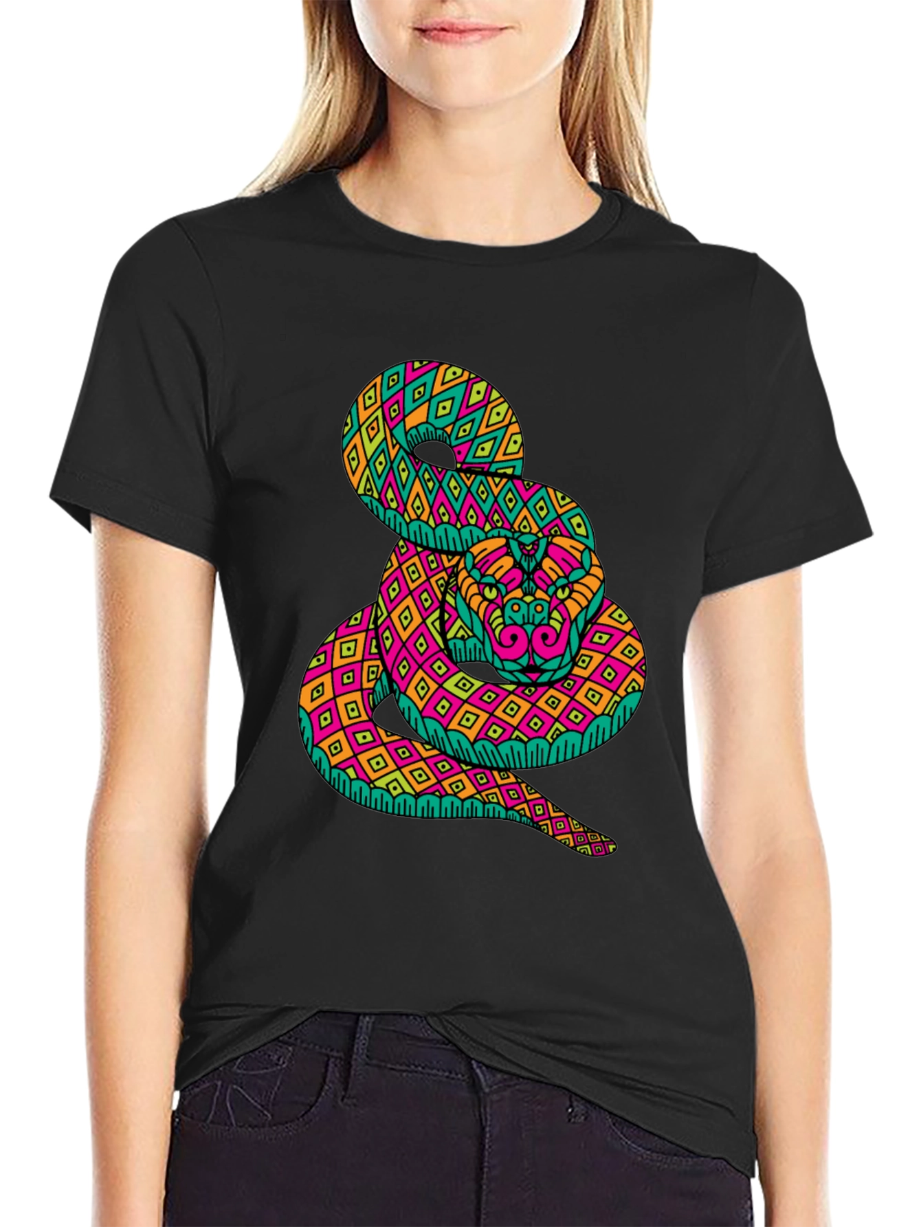 Black Psychedelic Snake Graphic Tee - Bold Black T-Shirt view 2