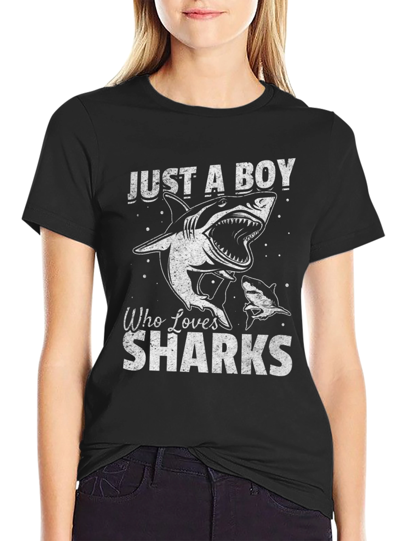 Black Just A Boy Who Loves Sharks T-Shirt view 2