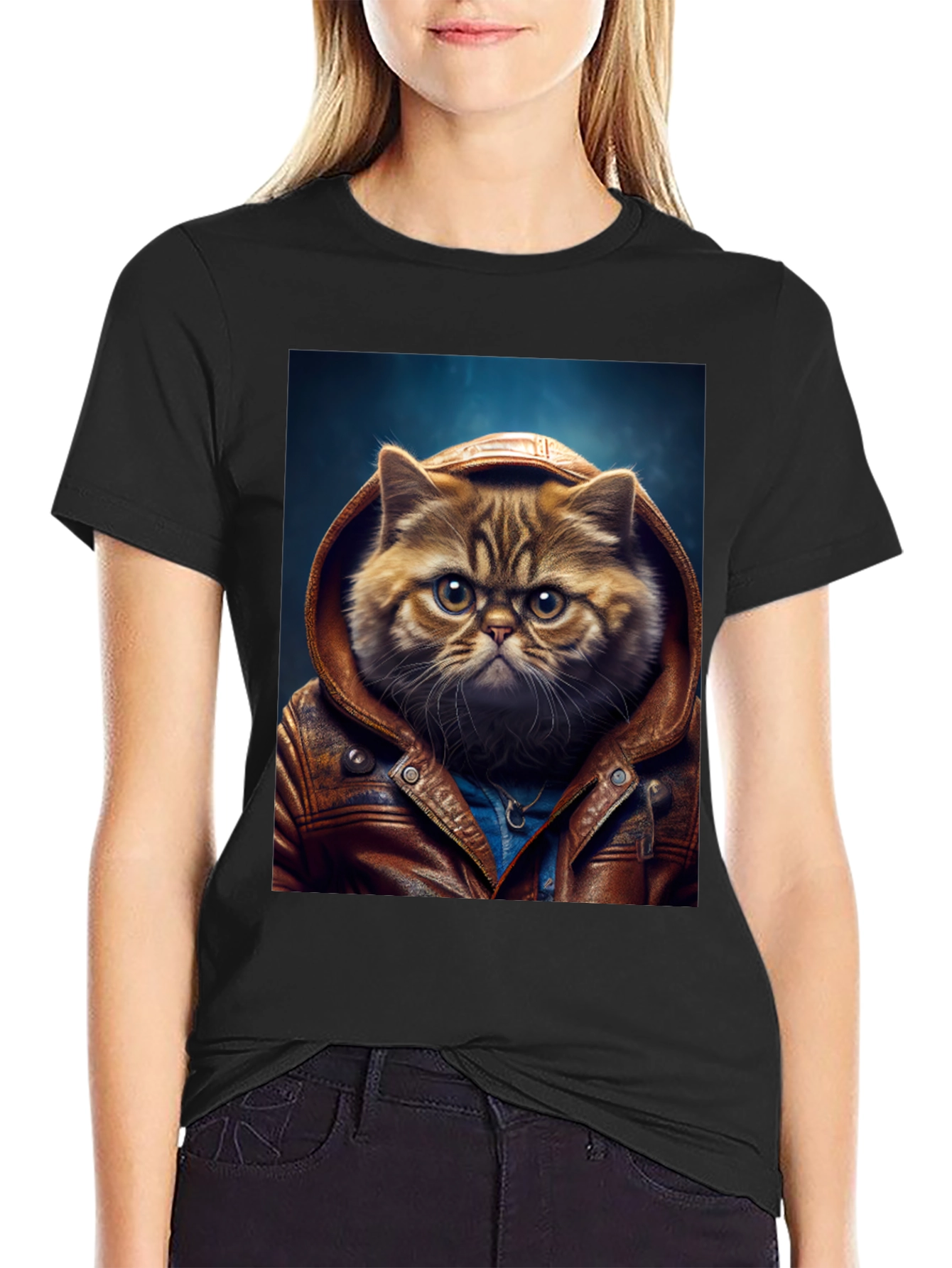 Black Cat in Leather Jacket Graphic T-Shirt view 2
