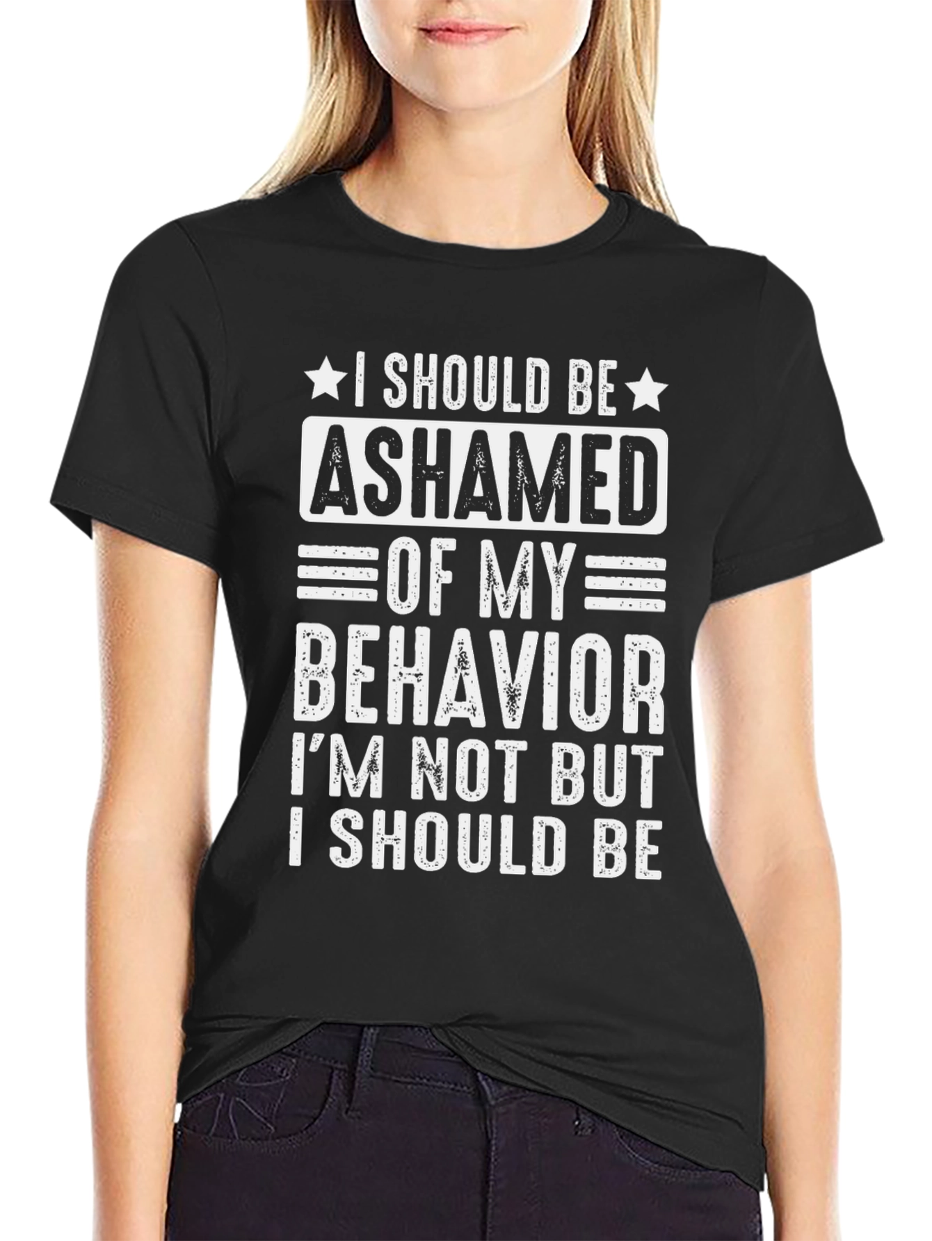 Black Ashamed of My Behavior Funny T-Shirt view 2