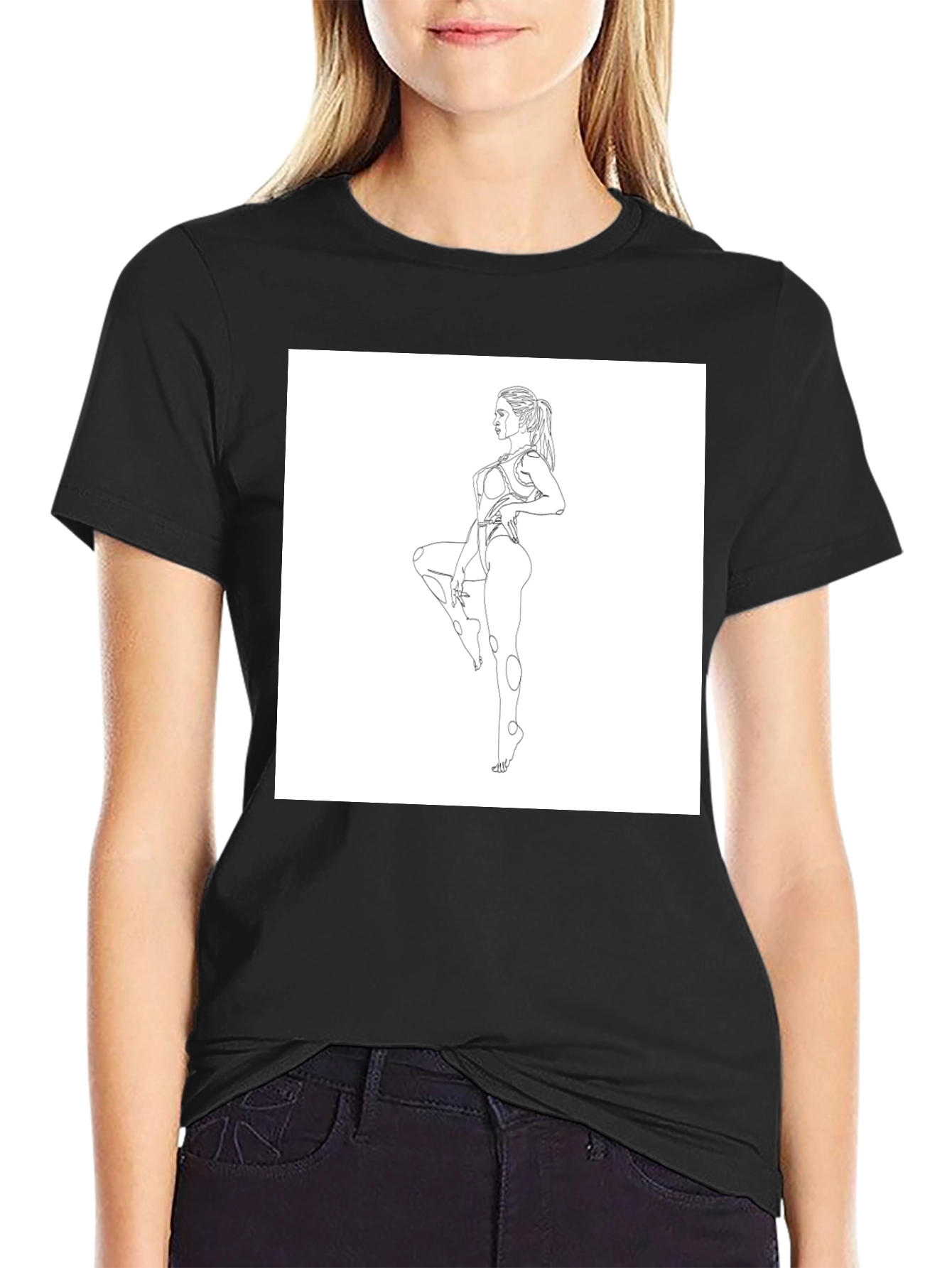 Black Line Art Woman Black T-Shirt view 2