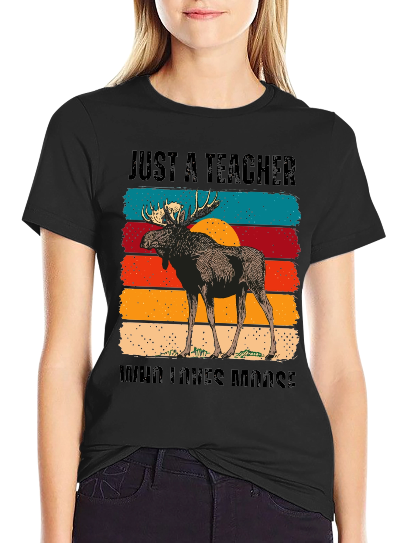 Black Just A Teacher Who Loves Moose T-Shirt view 2