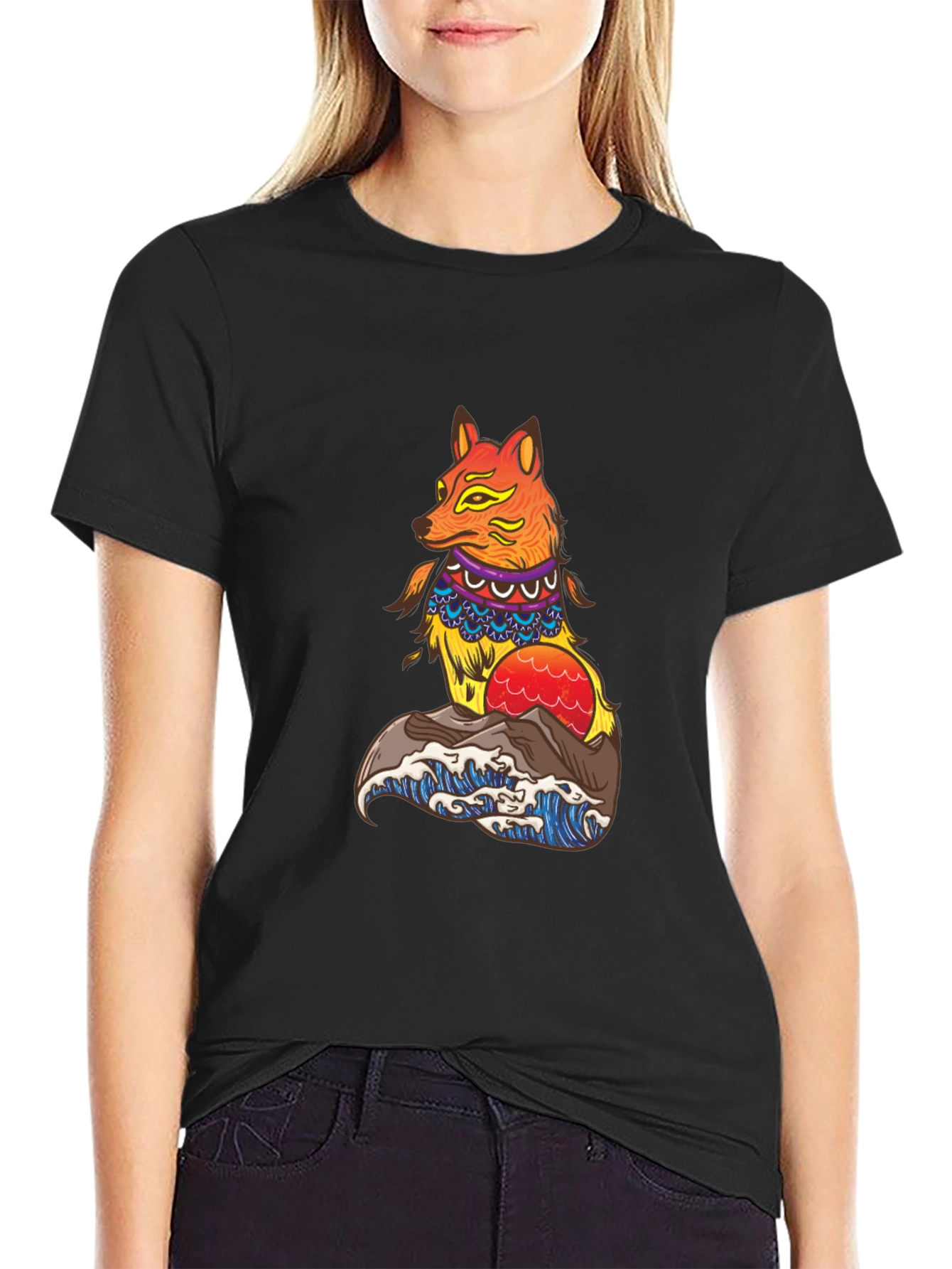 Black Fox Waves Graphic Tee - Black Unisex T-Shirt view 2