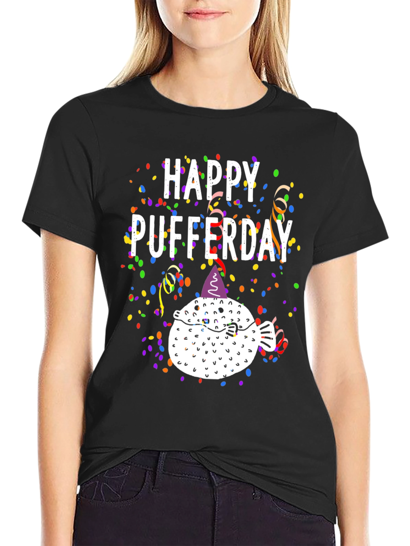 Black Happy Pufferday T-Shirt - Funny Pufferfish Birthday Tee view 2