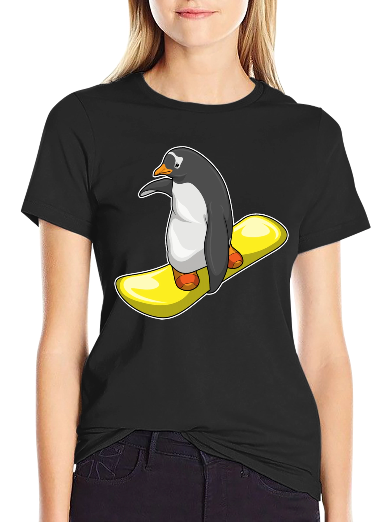 Black Penguin Snowboard T-Shirt - Unique Graphic Tee view 2