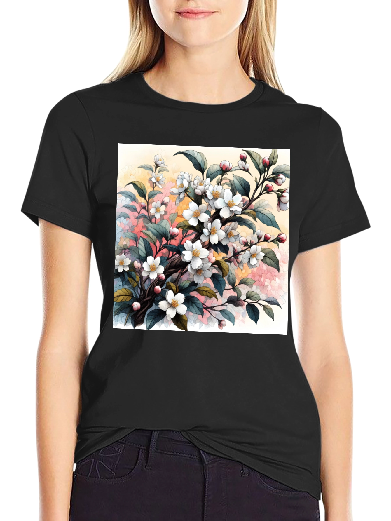 Black Floral Blossom T-Shirt - Artistic Botanical Design view 2