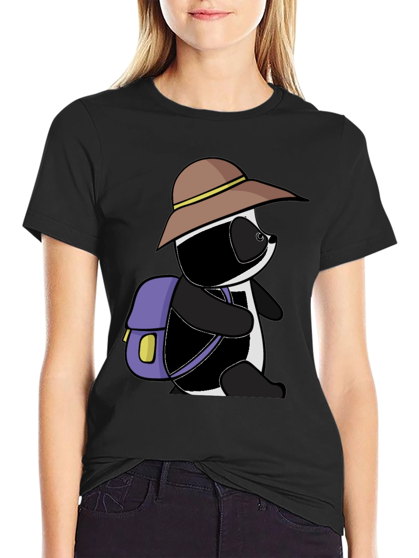 Black Cartoon Panda Bear Hiking T-Shirt view 2