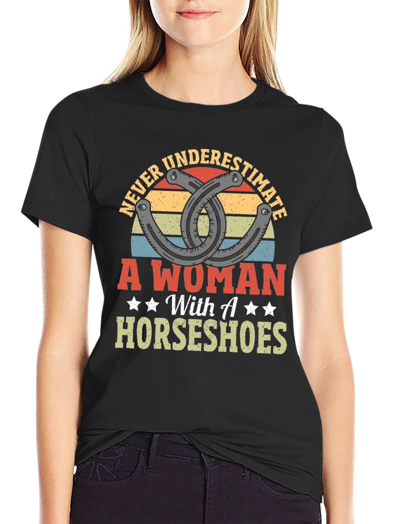 Black Never Underestimate A Woman with Horseshoes Graphic Tee view 2