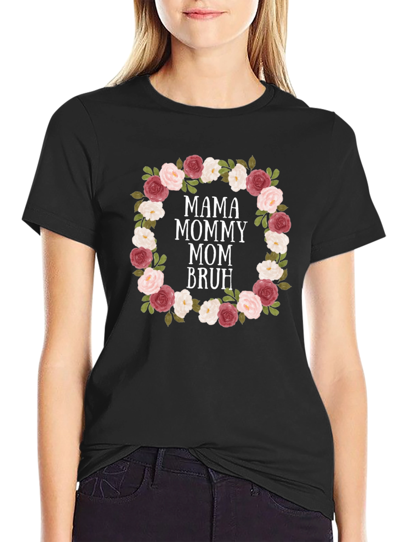 Black Mama Mommy Mom Bruh Floral Wreath T-Shirt view 2