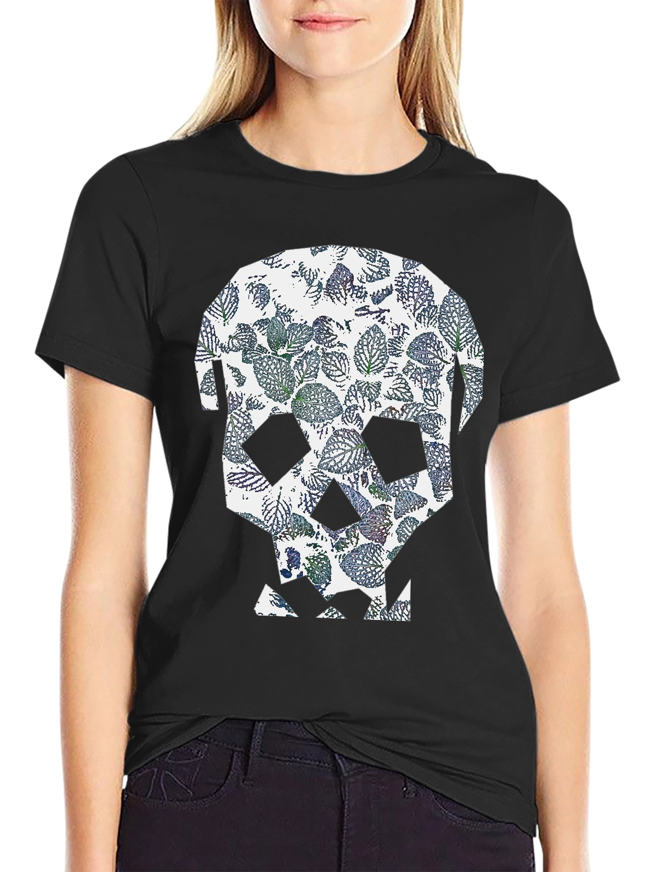 Black Leaf Skull Graphic Tee - Modern Print T-Shirt view 2