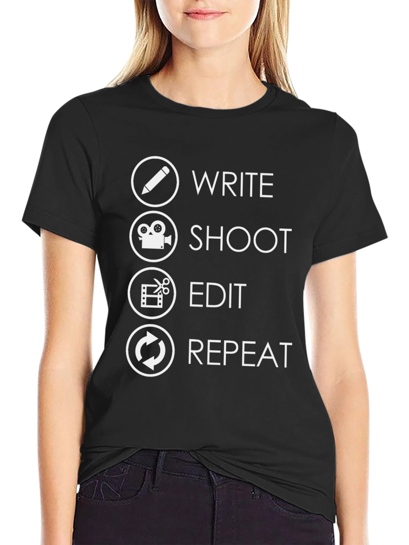 Black Write, Shoot, Edit, Repeat T-Shirt - Filmmaker Gift view 2