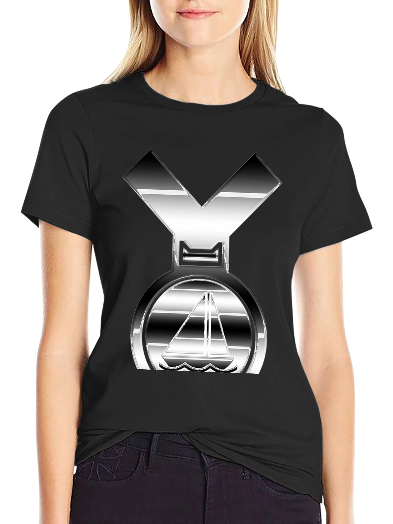 Black Sleek Silver Boat Graphic Black T-Shirt view 2