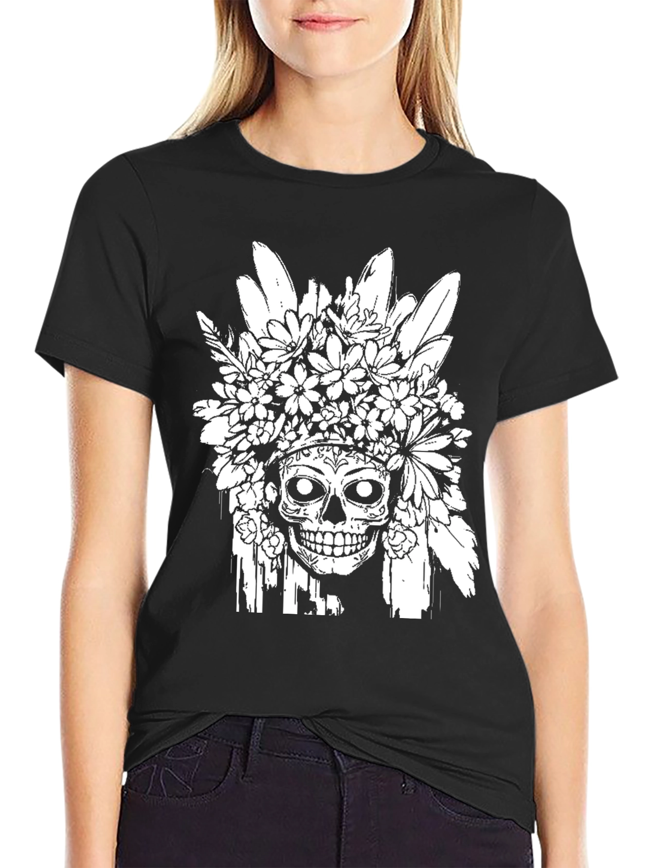 Black Floral Skull Graphic T-Shirt - Black view 2