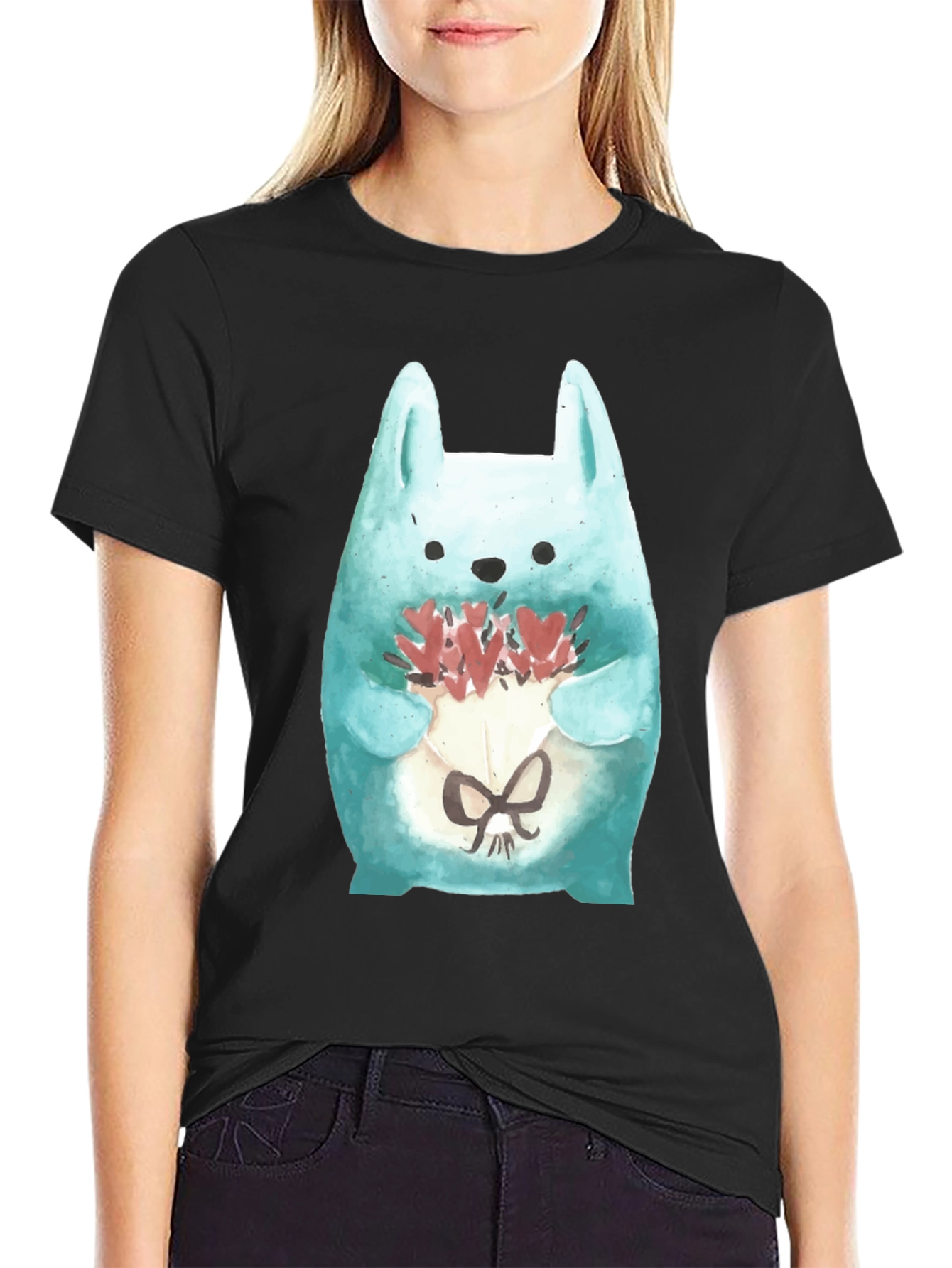 Black Cute Bunny Holding Flowers T-Shirt view 2