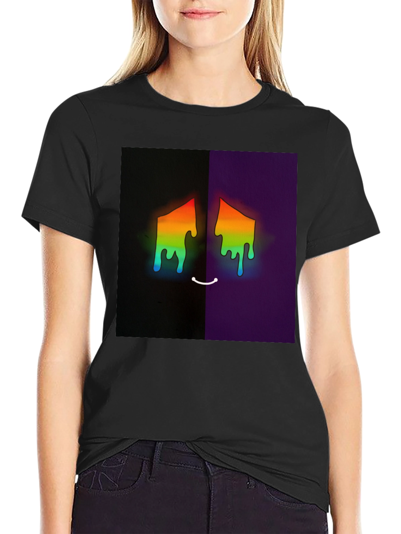 Black Rainbow Drip Face Graphic Tee - Unisex Black T-Shirt view 2
