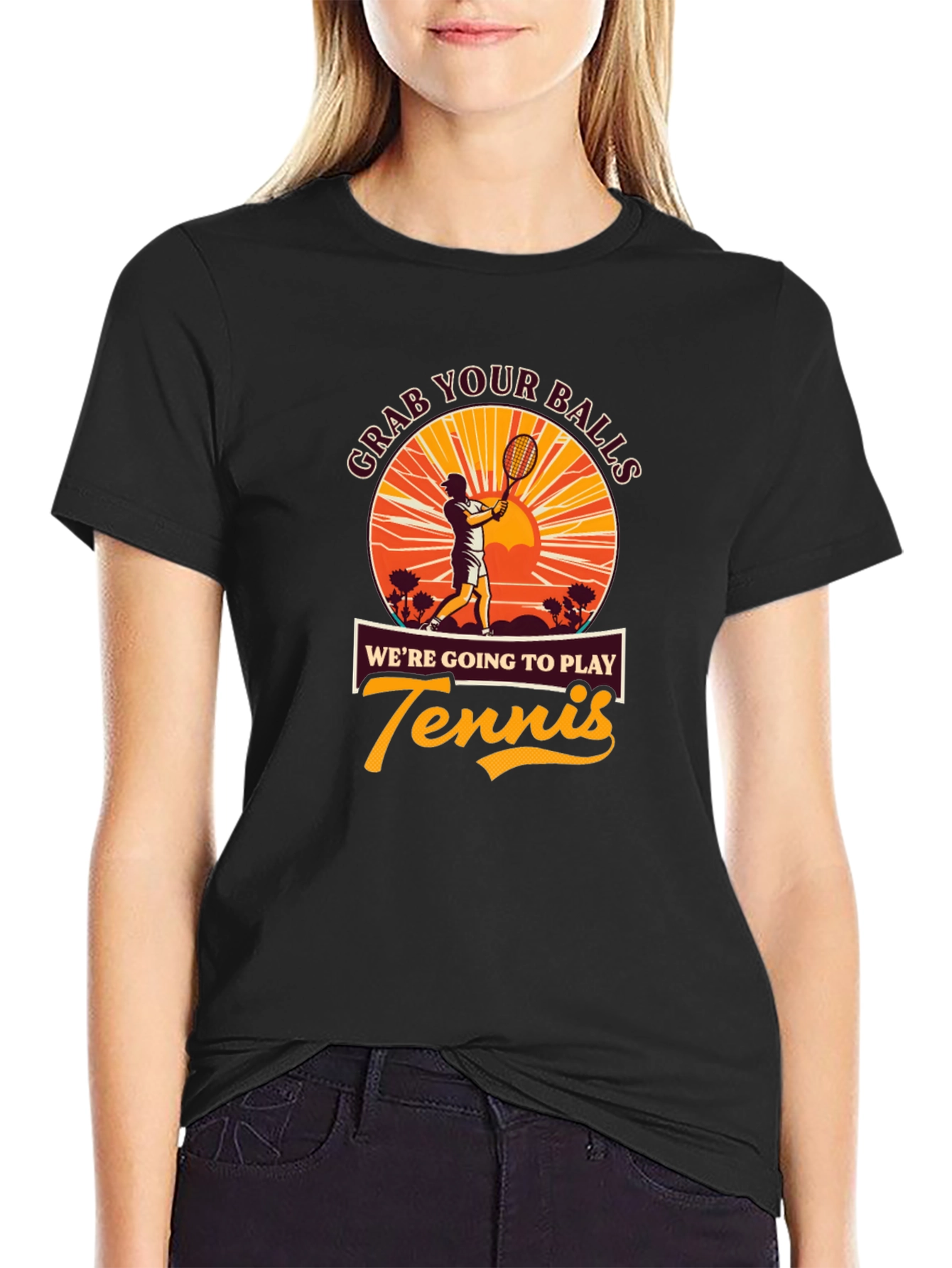Black Grab Your Balls Funny Tennis Player Graphic T-Shirt view 2