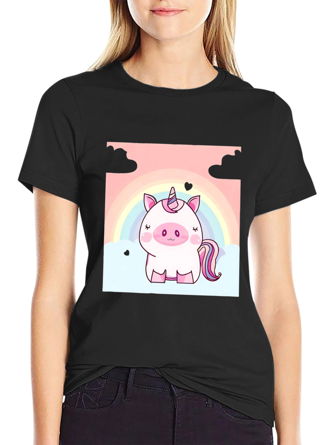 Black Cute Unicorn Graphic Tee - Black Cotton T-Shirt view 2
