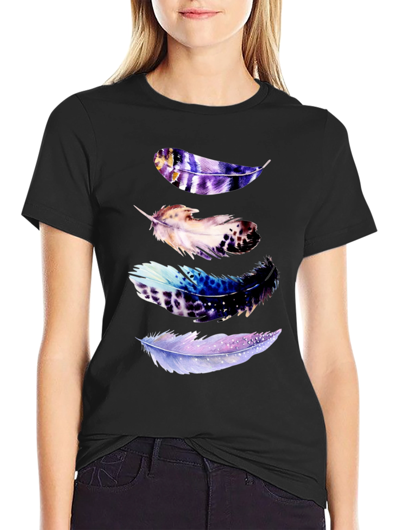 Black Feather Print Black T-Shirt view 2