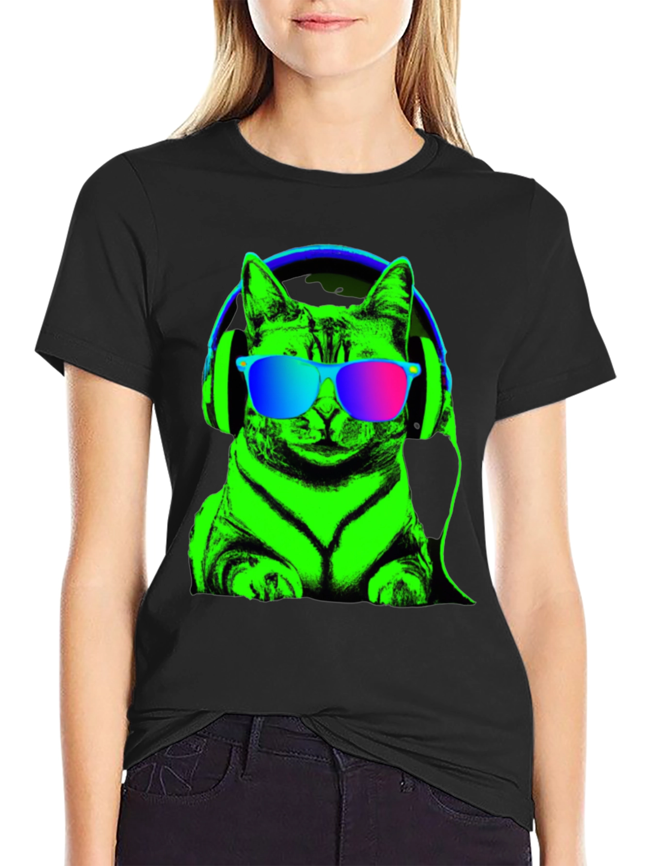 Black Cool Cat Tee: Neon Cat with Headphones T-Shirt view 2