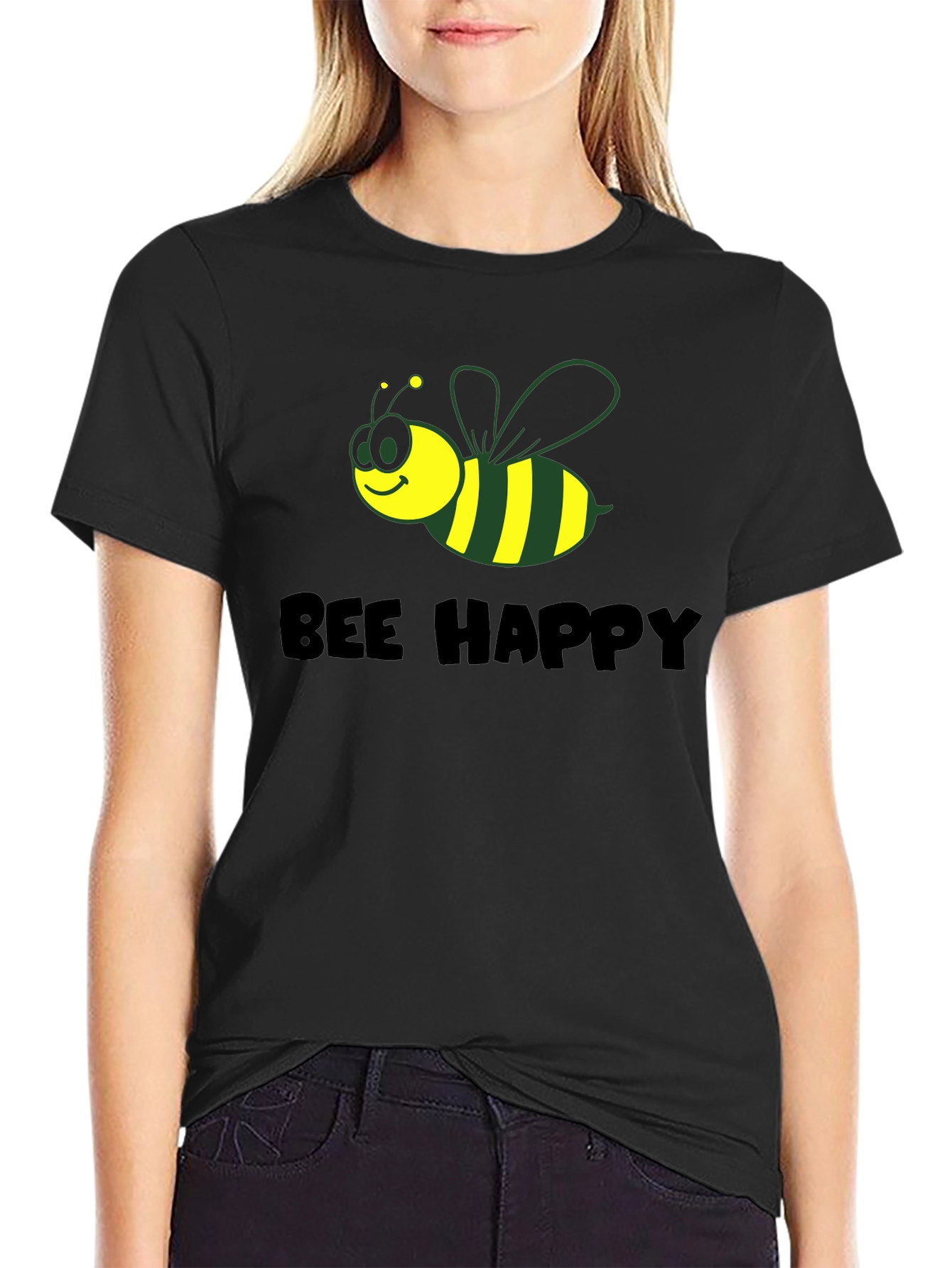 Black Bee Happy Graphic Tee - Black Cotton Comfort view 2