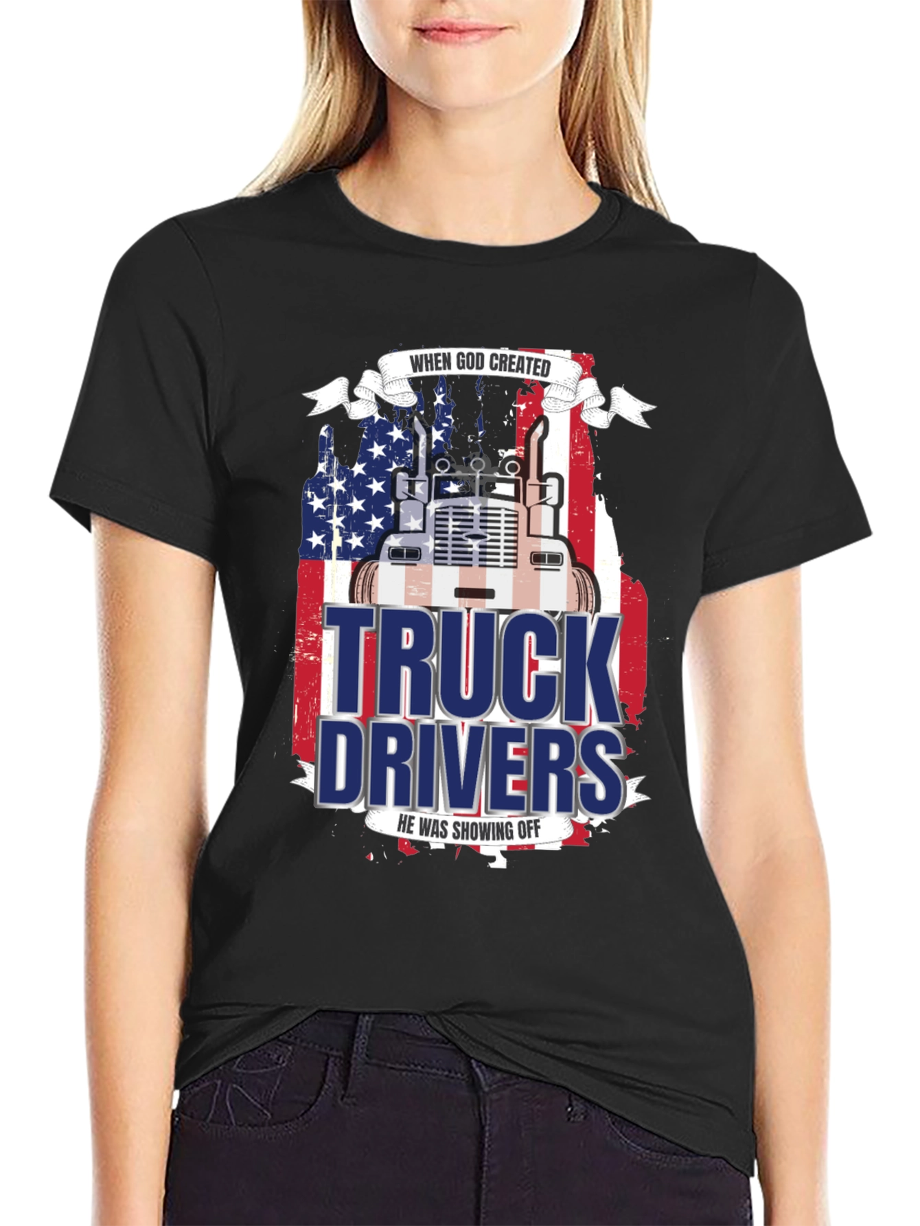 Black Trucker Pride T-Shirt - God Created Truck Drivers view 2