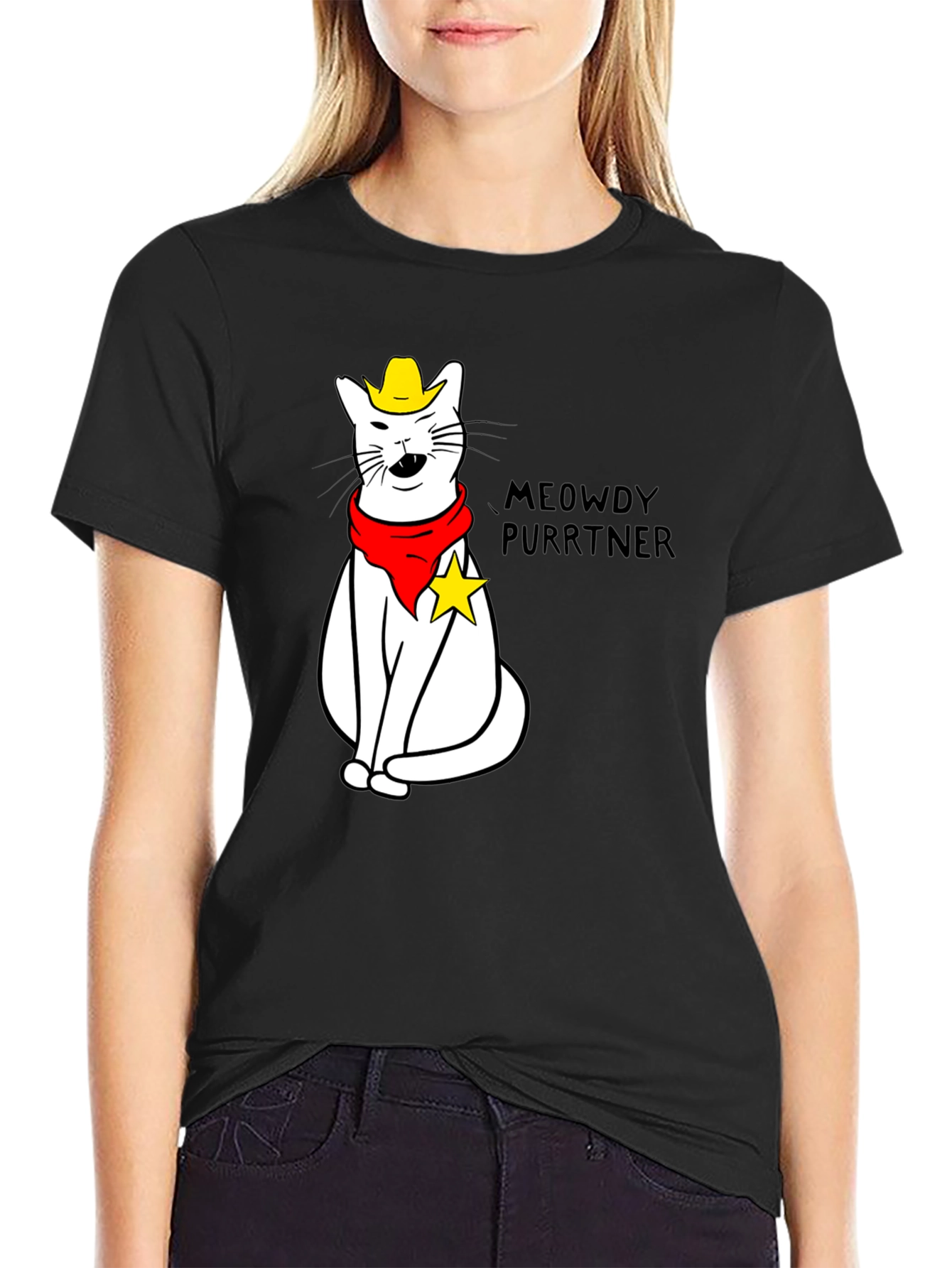 Black Meowdy Purrtner Cat Cowboy T-Shirt view 2