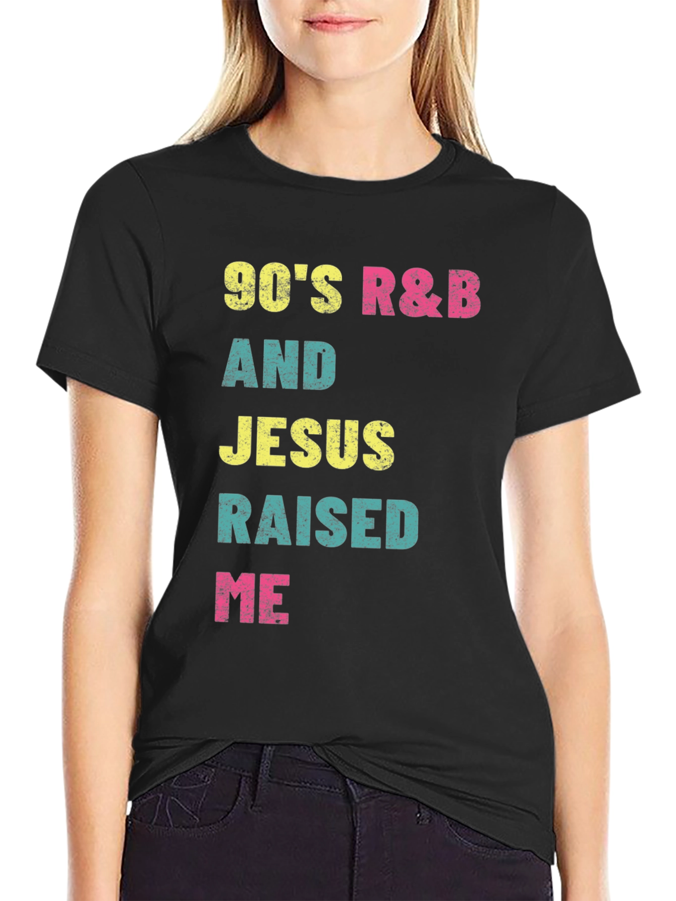 Black 90's R&B and Jesus Raised Me Graphic T-Shirt view 2