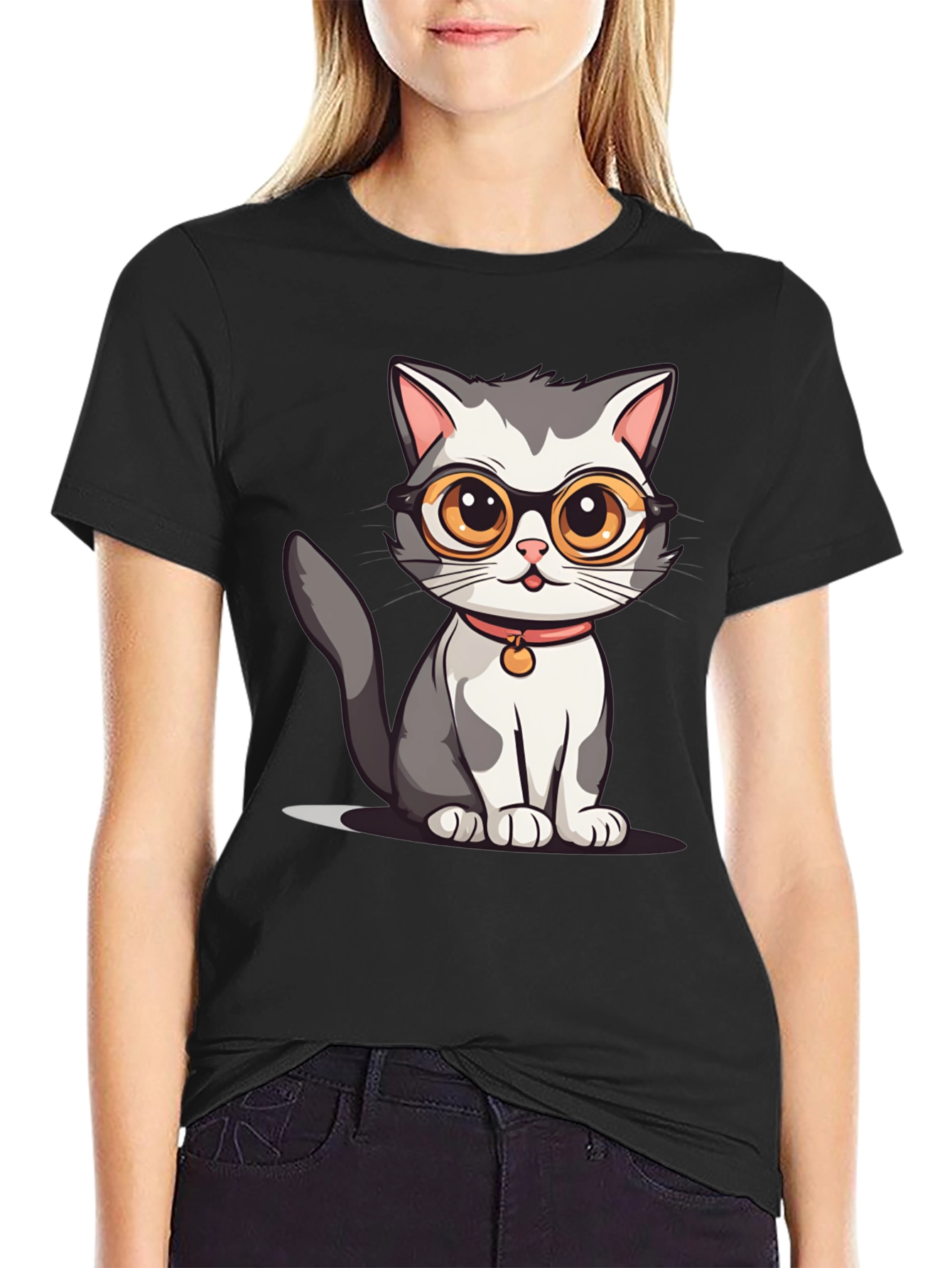 Black Cat with Glasses Graphic T-Shirt view 2