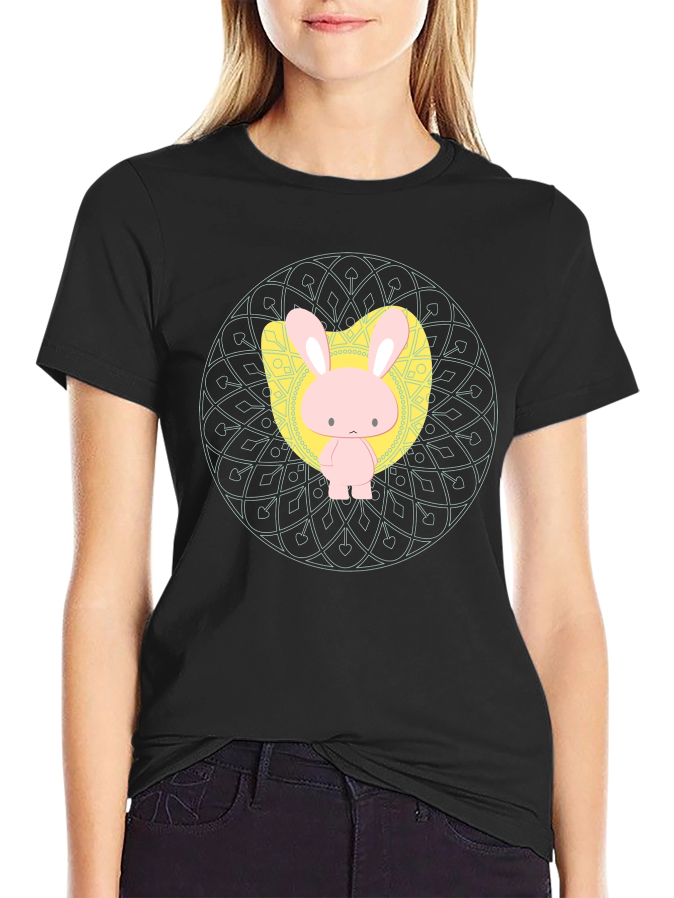 Black Cute Bunny Graphic Tee - Black Unisex T-Shirt view 2