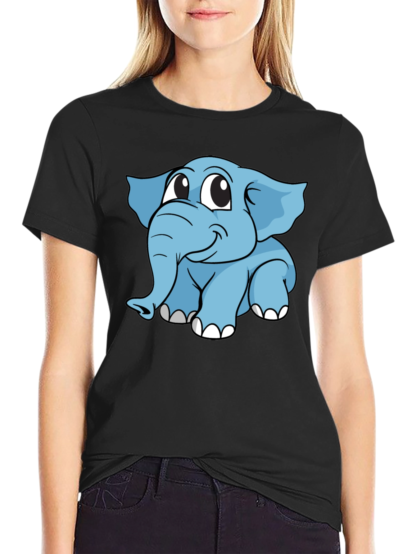 Black Cute Elephant Graphic T-Shirt - Black Cotton Blend view 2