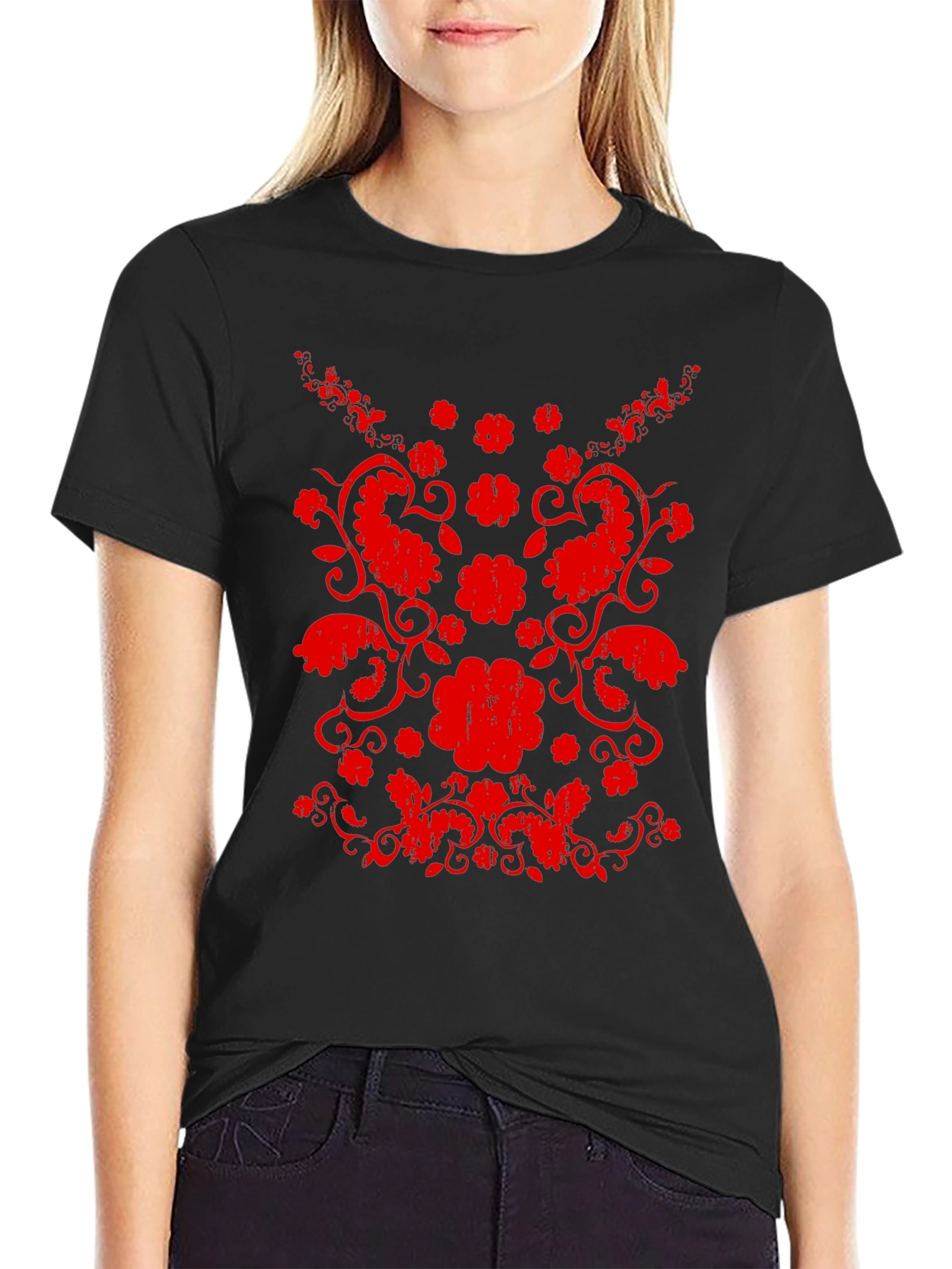 Black Floral Paisley Graphic Black T-Shirt view 2