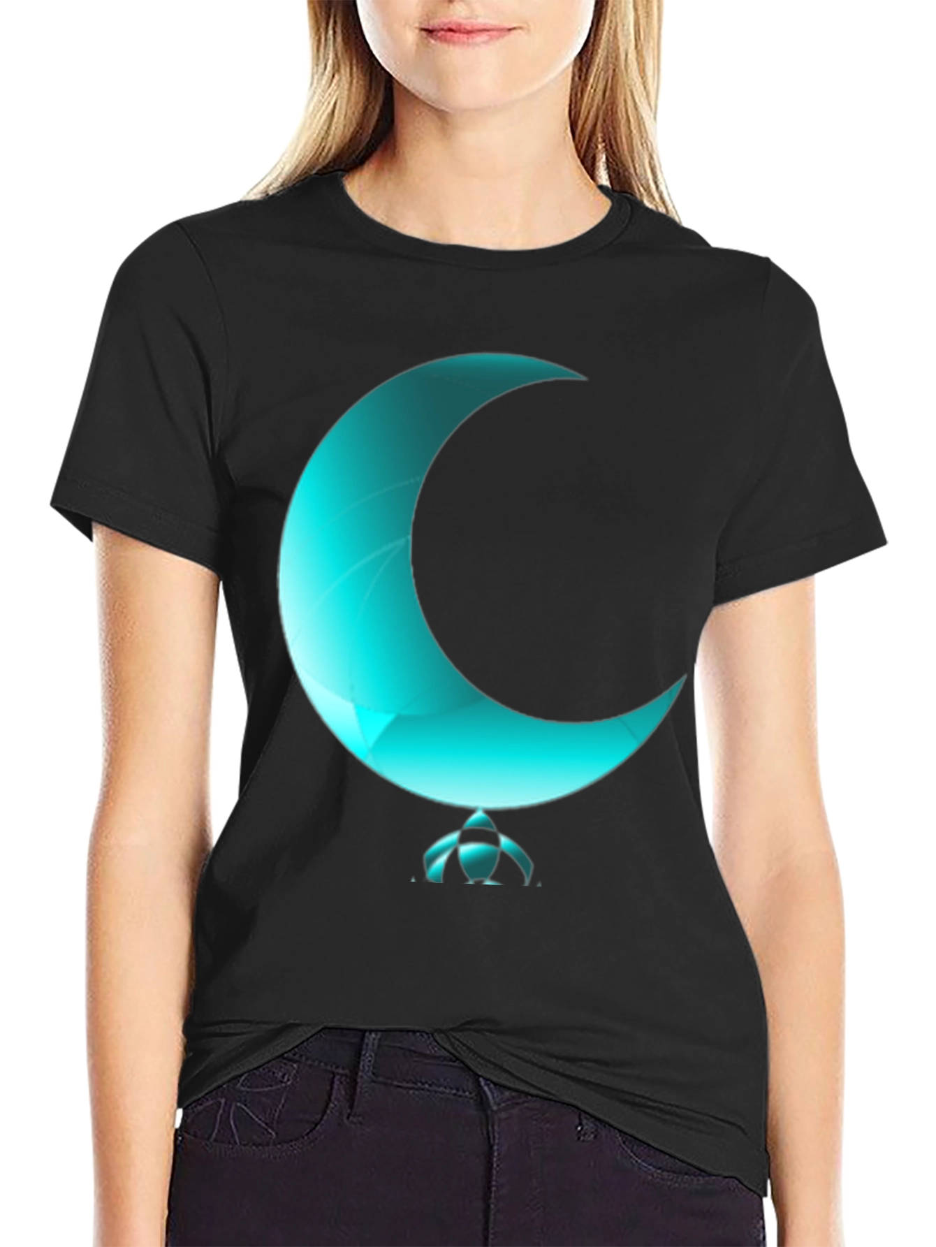 Black Turquoise Crescent Moon Graphic T-Shirt view 2