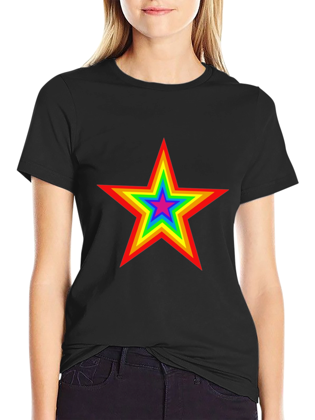 Black Rainbow Star Graphic Tee - Black Cotton T-Shirt view 2