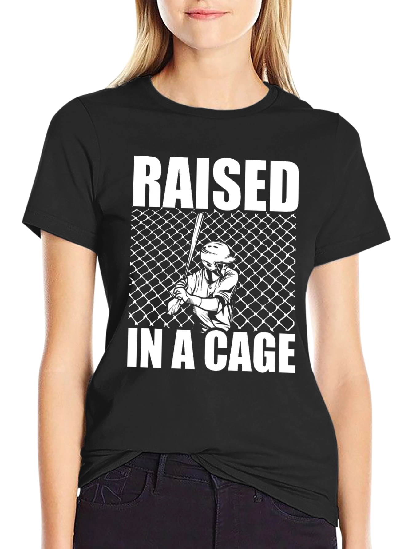 Black Raised in a Cage Baseball T-Shirt view 2