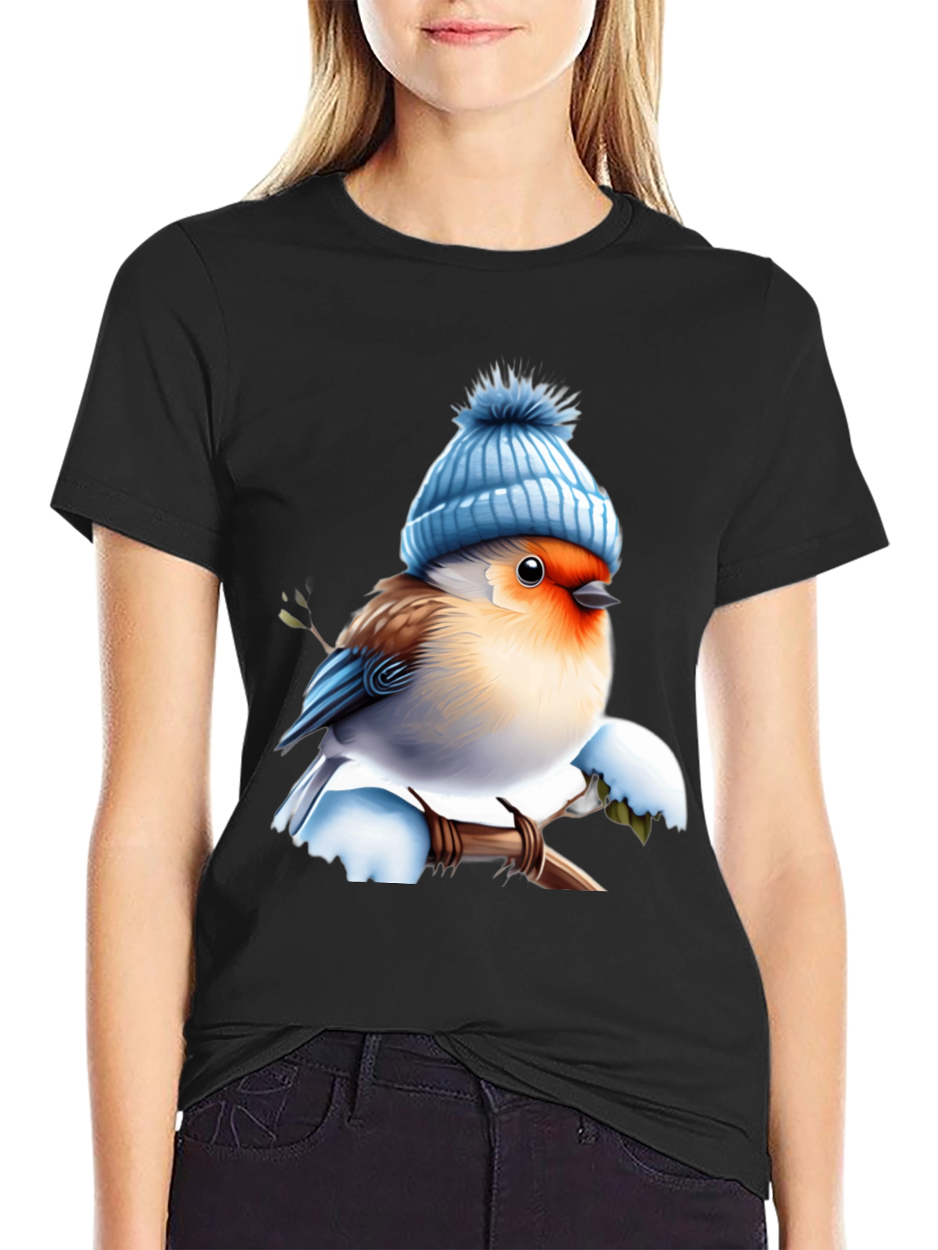 Winter Bird T-Shirt - Cute Blue Hat Design - 2