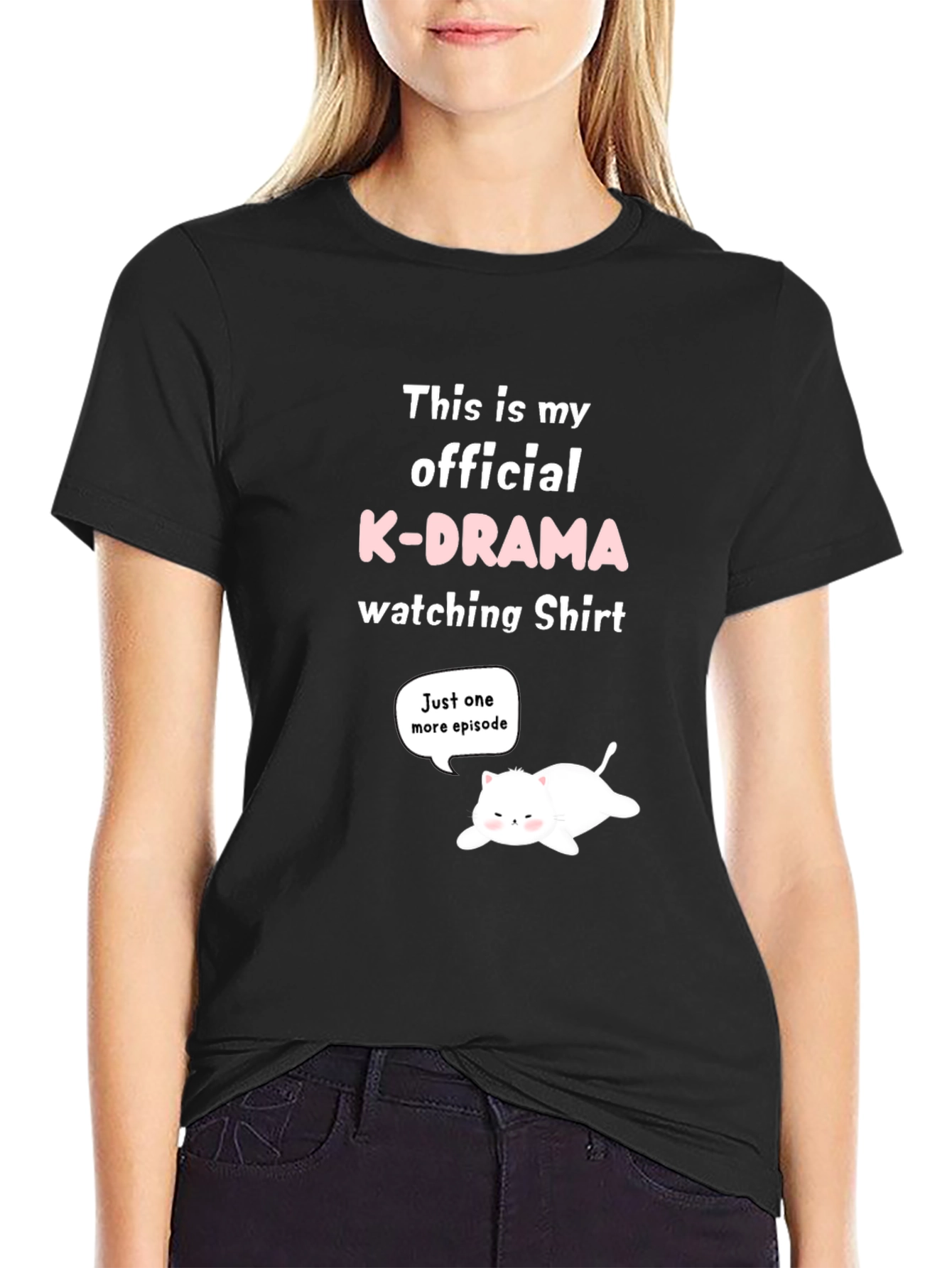 Black K-Drama Watching Shirt - Funny Cat Tee view 2