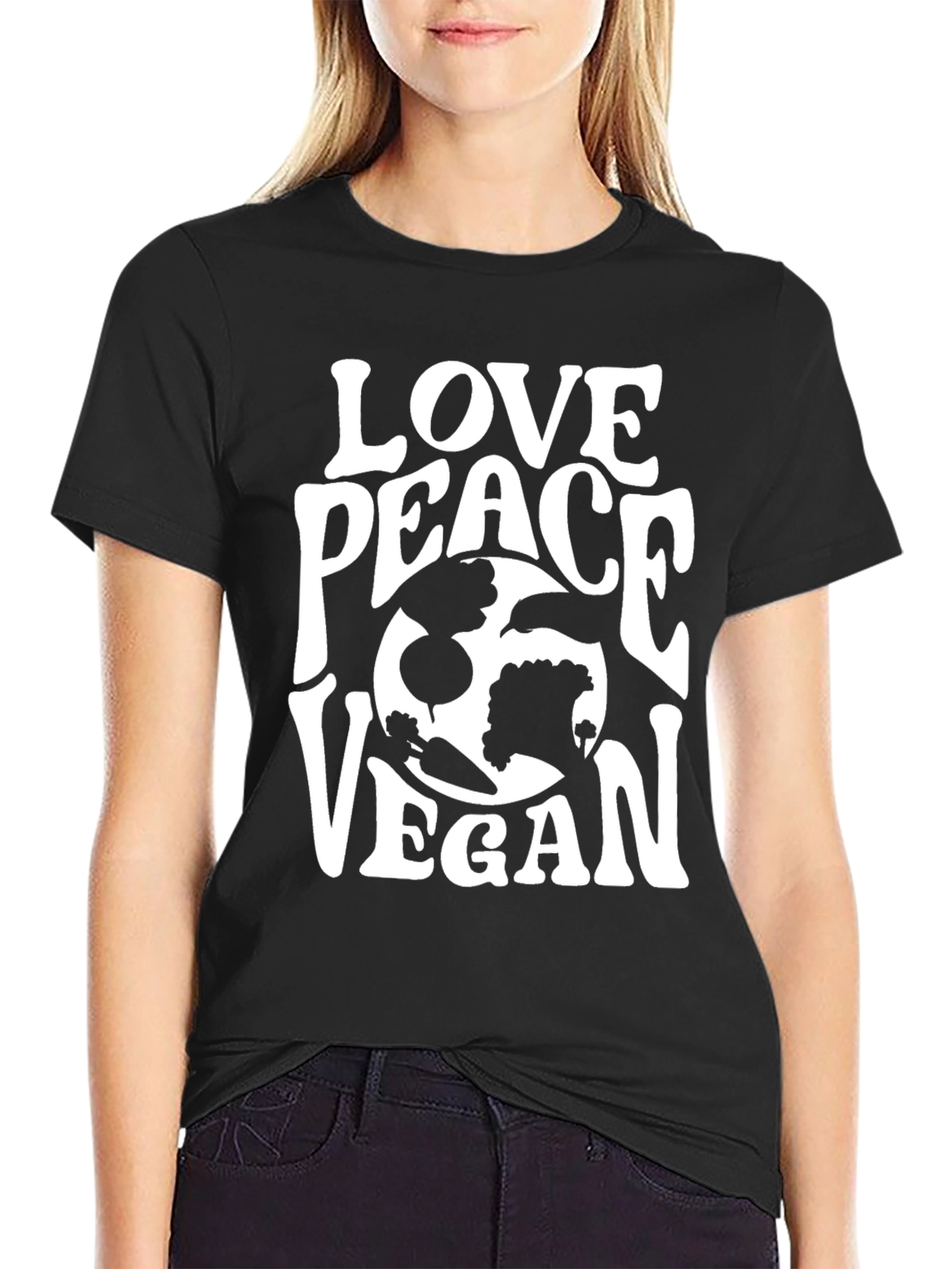 Black Love Peace Vegan T-Shirt - Black Graphic Tee view 2