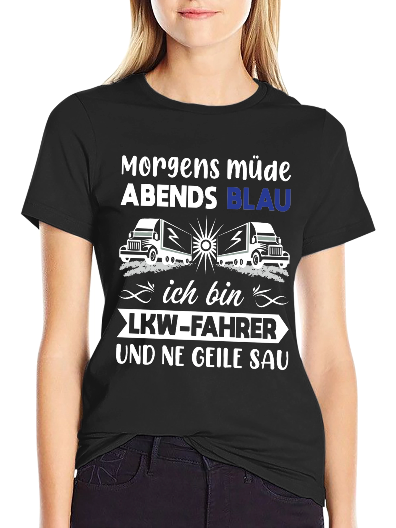 Black Trucker T-Shirt: Morgens Müde Abends Blau view 2